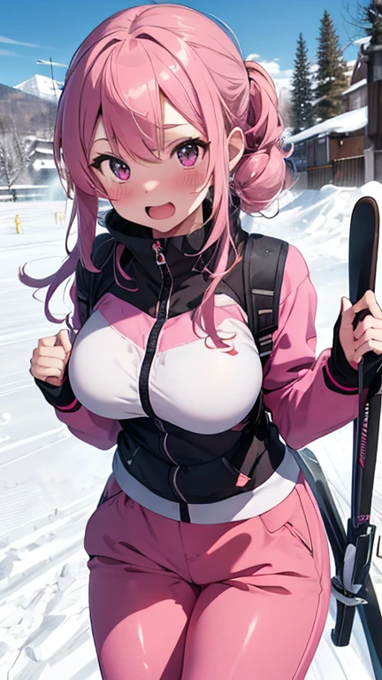 TACHIBANAKYOUKO, PINK HAIR, BOB CUT, SHORT HAIR, YELLOW EYES,　ite , empty eyes , large breasts, solo, nipple, ride a bicycle, , Heavy snowfall area　Freezing wet crying mountain