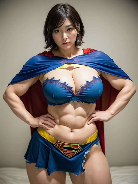((Great quality,Great quality,high quality, very beautiful,beautiful, 最high quality, Realistic)) ,{{{{Torn clothes}}}},((Tattered clothes)),(Hands on hips,Open Stance,Underarm,underboob),((Dressing up as Supergirl, Cape)),((stomach cutout)),Short Sideburns,amount, short hair, Strong legs,Detailed body,photograph,3D, texture,, View audience, ((最high quality, Great quality, very beautiful, Absurd))、(Perfect beautiful face 1.2),(anger),Blushed,Heavy breathing,(Perfect and beautiful posture:1.2),(40 year old beautiful Japanese woman),(Mature Woman),(Face with makeup),bodybuilder,((Huge breasts)),Big Ass, (thick muscular body),(whole bodyに汗をかく:1.2),超高解像度のphotograph,Looking at the camera,(Stand facing forward),(whole body),