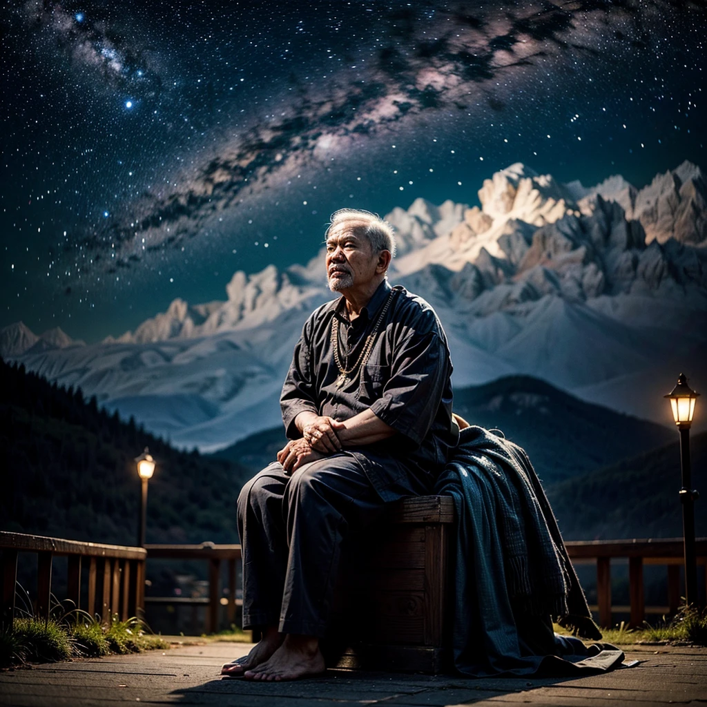 Create a sad scene of an old malay man sit and leaning against the wall at night, he looked up at the sky, starry night, outdoor, bokeh background, RAW picture, 32K high resolution wallpaper, hyper realistic photo, real skin texture, side view photoshot.