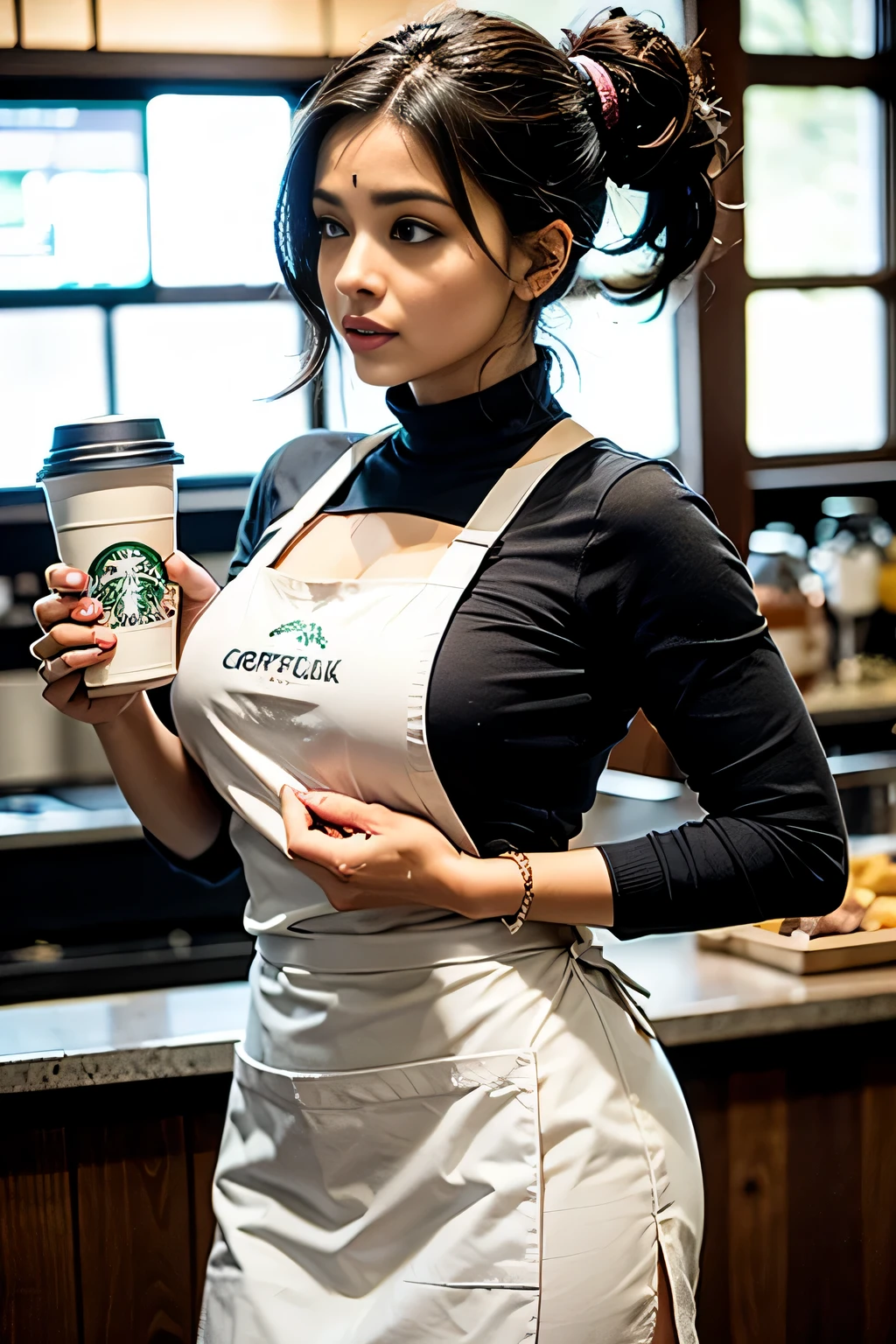 40 years old, woman, (masterpiece, best quality, hires, high resolution:1.2), extremely detailed, realistic, 1girl, green hair, messy hair, short hair, thick thighs, wide hips, shy, blush, looking at viewer, indoors, barista, coffee shop, green apron, naked apron, black shirt, no pants, ass view, ass support, from behind, looking back, looking at viewer, counter, coffee machine, light smile, cinematic lighting, low angle, no pants,
Fujifilm XT3 professional photograph,
best quality, detailed