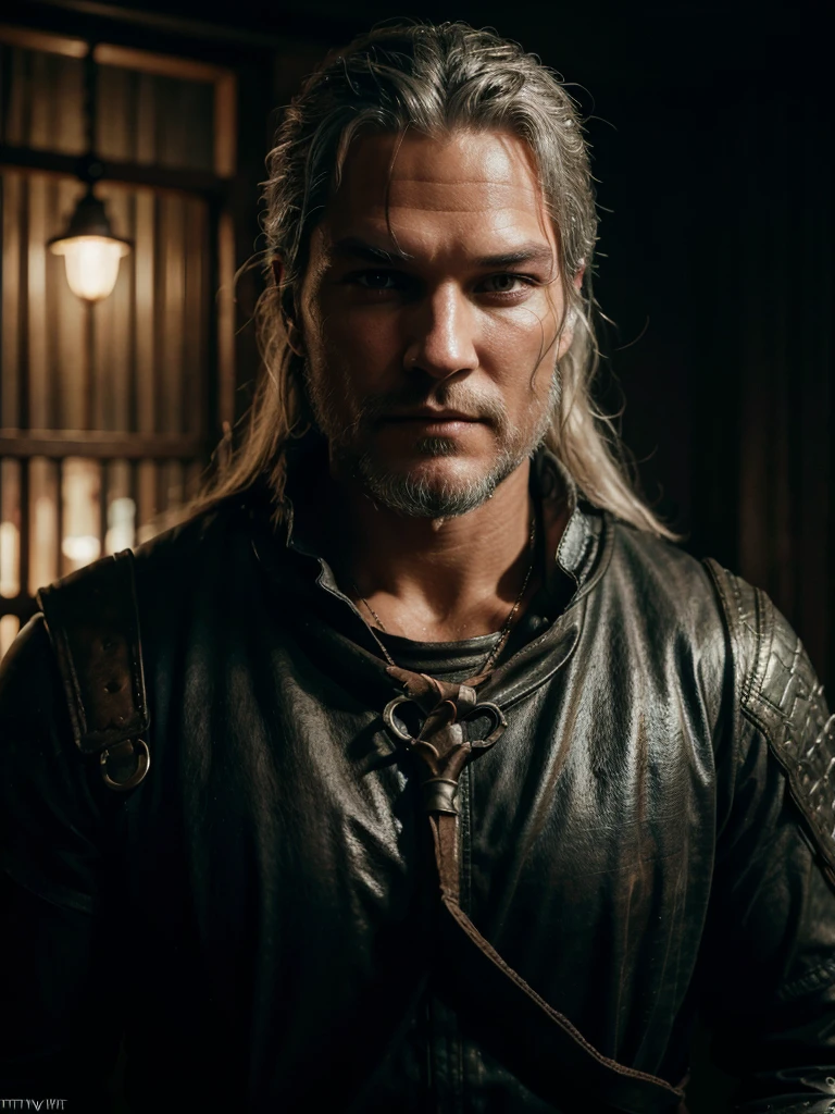 Portrait of actor Travis Fimmel as Geralt of Rivia at night, his face is illuminated by the full moon, he has a beard, model shooting style (extremely detailed CG unity 8k), full frame photography of the most beautiful work of art in the world, medieval witcher armor, professional majestic painting by Greg Rutkowski, trending on ArtStation, trending on CGSociety, intricate, highly detailed, clear focus, dramatic, photorealistic painting by Midjourney