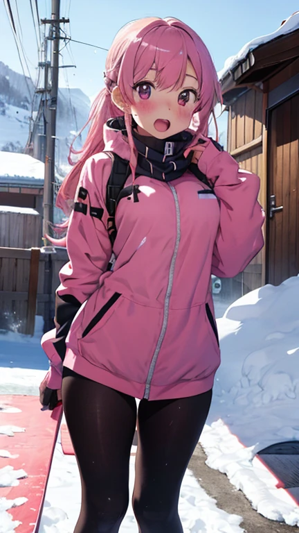 mastute piece,Best Quality,insanely detailed,8k cg,
shoot upper body,
1woman,18age,standing,body in front,looking at viewer,(pink snow-board-wear,snow-board),break,
blush,shy,(trembling:1.2),pink hair,break,open mouth,large breast,ski-resart,ski-slope,snow,