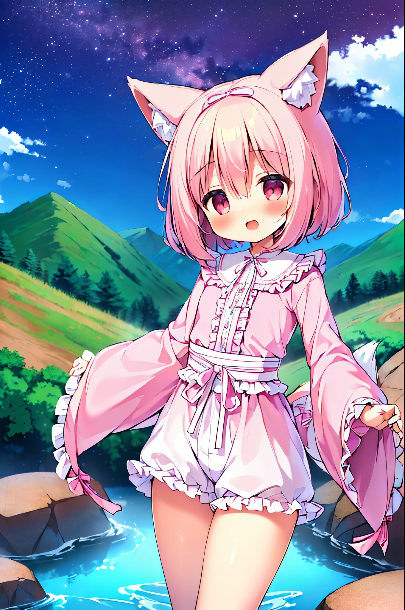 (((masterpiece))), (((最high quality))), (((high quality))), (((beautiful))), (((8k))), (((High resolution)) (((超High resolution))), (((High resolution))), (((Great illustrations))), (Pink Short Hair:1.3), (Pink fox tail:1.4), (Pink fox tail:1.2), Pink fox ears, (Pink Eyes), (super small breasts:1.5), (Ultra-flat chest:1.4), (Cowboy Shot:1.3), (Cowboy Shot:1.4), (Laughter:1.3),  (White long sleeve blouse:1.4), (Shorts:1.4), (frills and ribbons:1.5), (In the mountains:1.3), (stream:1.5)