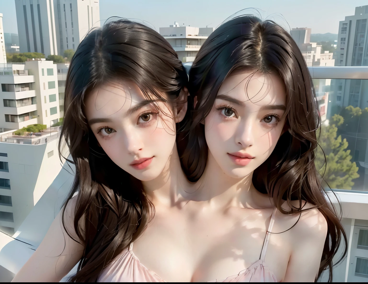 (2heads:1.2), an asian women with black hair next to a british women with light brown hair, long hair