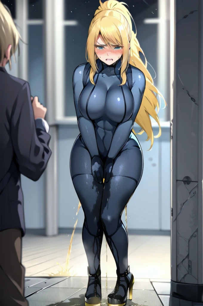 samus aran, (facing viewer:1.25), ponytail, large breasts, hair tie, blue gloves, blue bodysuit, (full bodysuit:1.5), high heels, (standing straight:2.0), peeing herself, (wetting herself:1.5), very large peeing stain, huge pee stain, best quality, ultra-detailed, HDR, studio lighting, professional, vivid colors, sharp focus, physiologically-based rendering, bokeh, landscape, blue color palette, soft lighting, dynamic shadows, (hands on thighs:1.5), embarrassed, humiliation, blushing, angry, tears