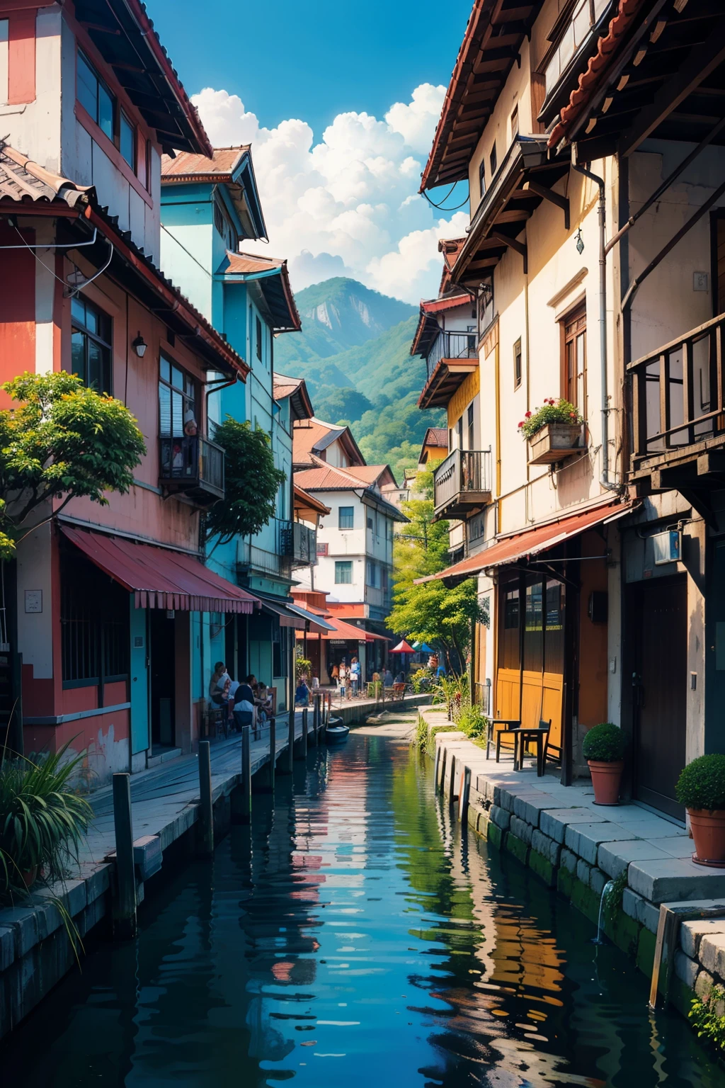 ((best quality)), ((masterpiece)), (detailed), perfect drawing, Pulau Langkawi, Malaysia, HD graphic, 4k resolution, a beautiful city bustling with people walking around, vibrant color, colourful.