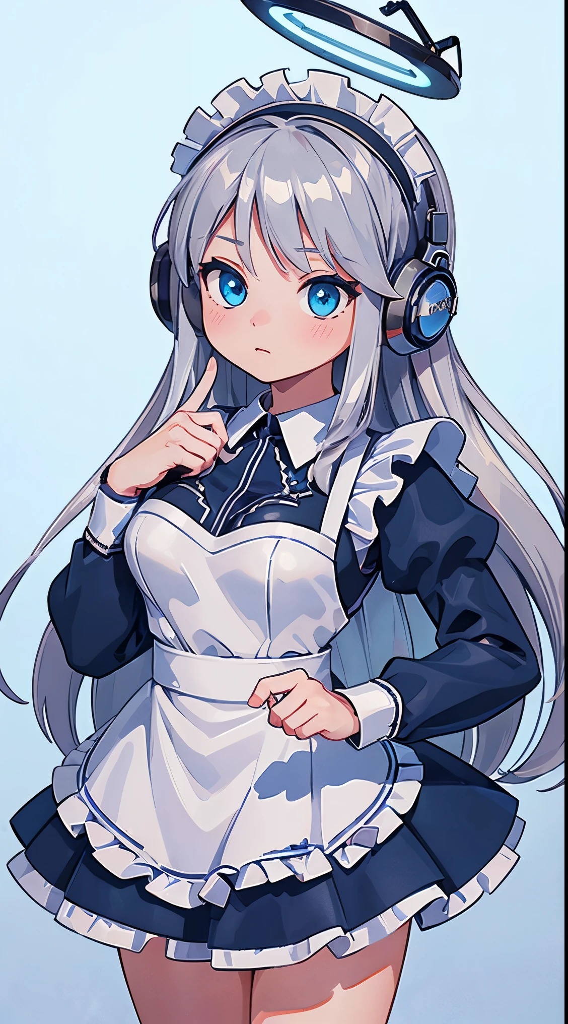 ((Blue shining mechanical eyes:1.4))、((8k)), ((32k)), ((highest quality)), ((masterpiece)), ((超A high resolution)), ((Tmasterpiece)), ((halo:1.4))、((銀色のメカニカルheadgear:1.4))、((Frill headband:1.3))、((Silver Cyber Headphones:1.3))、Fine skin, High quality fabric、((Beautiful and dense face))、RAW Photos、Professional, Ultra-fine painting, ((alone)), Beautiful breasts、highest quality, Very detailed, Very detailed詳細, Finer details, so beautiful,bangs, blue eyes, ((Wearing maid uniform:1.3))、cowboyshot, cowboy_shot, Side Focus, headgear, Shiny、(Five Fingers, Four fingers and thumb)、 (((Long silver hair)))、Sleek and intimidating design,8k high quality detailed art, 3D rendering of character art in 8K, neat legs, Defined, Defined fingers,((headshot:1.3))