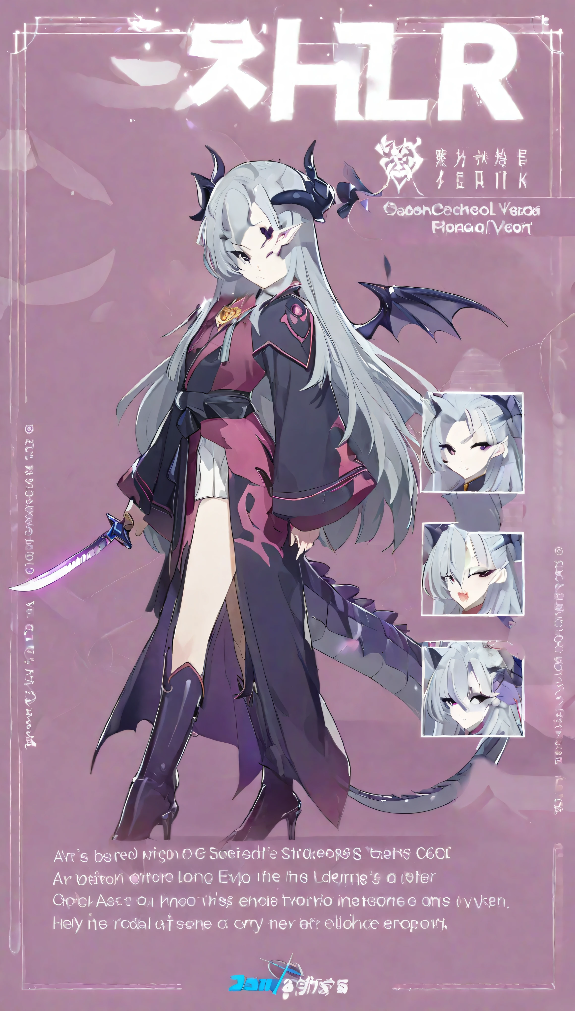 One Girl,Female Leader of an Evil Organization,Long Hair,Grey Hair,Magical Girl&#39;s Nemesis,high school student,Concept Art,Long coat,whole body,Are standing,cool,There are wounds around the eyes,knife,Simple background gray,Holding a sheathed knife in his hand,dragon costume,disaster々Shii,I have long hair,Exposed,Dragon's Paw,Dragon&#39;s Tail,Demon&#39;s Long Horns,Dragon wings,kimono,Long sleeves,dragon wings,