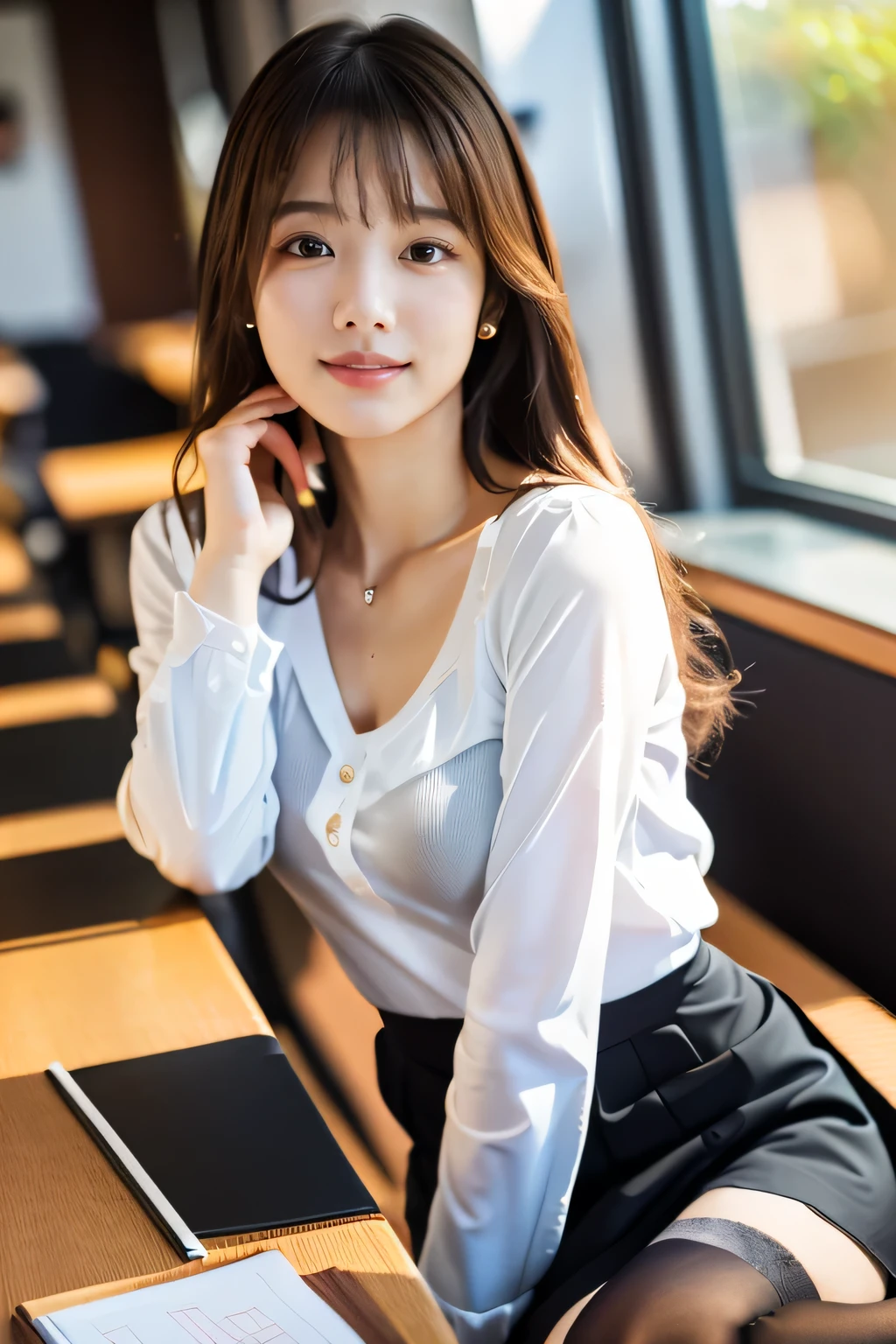 masterpiece, highest quality, Realistic, Very detailed, finely, High resolution, 8k wallpaper, Professional, High level of detail, ((One 18 year old girl:1.2)), Slender Japanese women,cute lips, Collarbone Detail, Center of chest、Perfect Face, (cute short bob hair:1.5), Chestnut Hair、cute face、Perfect Professional Potion、((Complete head-to-toe coverage:1.5)、(8k、RAW Photos、highest quality、masterpiece:1.2)、Character Focus、perfect cute girl、cute、(Small face)、(office lady:1.2)、A kind smile、Shiny skin、(Beautiful leg lines)、Narrow waist、Big Breasts、Beautiful breasts、(Blouse on bare skin、Pencil Skirt、Black Stockings:1.2)、High heels、Clear Skin、High transparency、(Slender and beautiful girl)、(Shiny)、View your viewers、Beautiful thighs、Office Interior、Bokeh、