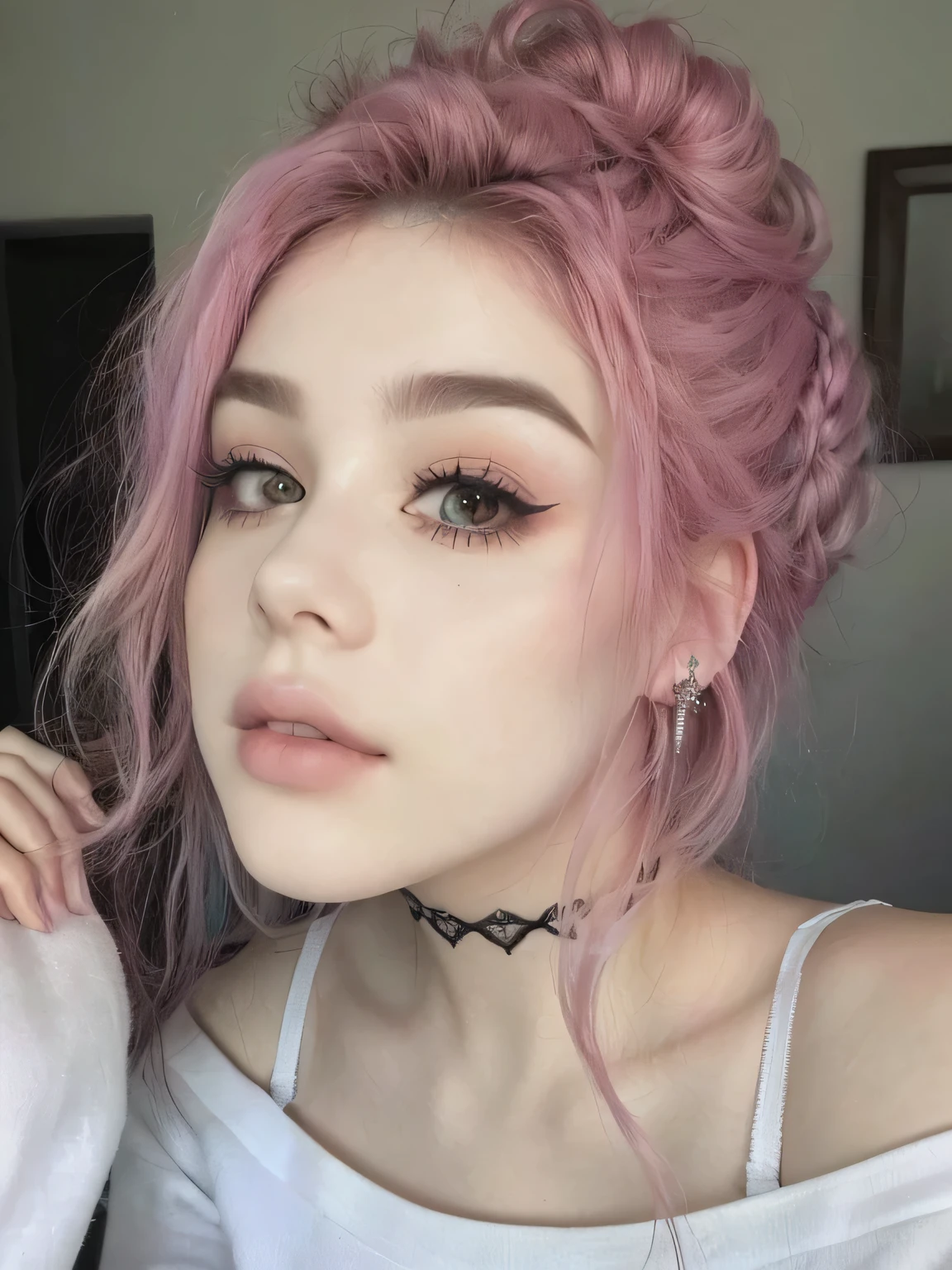 a close up of a woman com cabelo rosa and piercings, pastel gothic aesthetic, pastel gothic, 1 7 goth girl, linda garota com cabelo rosa curto, she parece uma mistura de sujeira, cabelo rosado e ralo, pale gothic beauty, goth girl aesthetic, messy curly pastel hair, com cabelo rosa, parece uma mistura de sujeira
