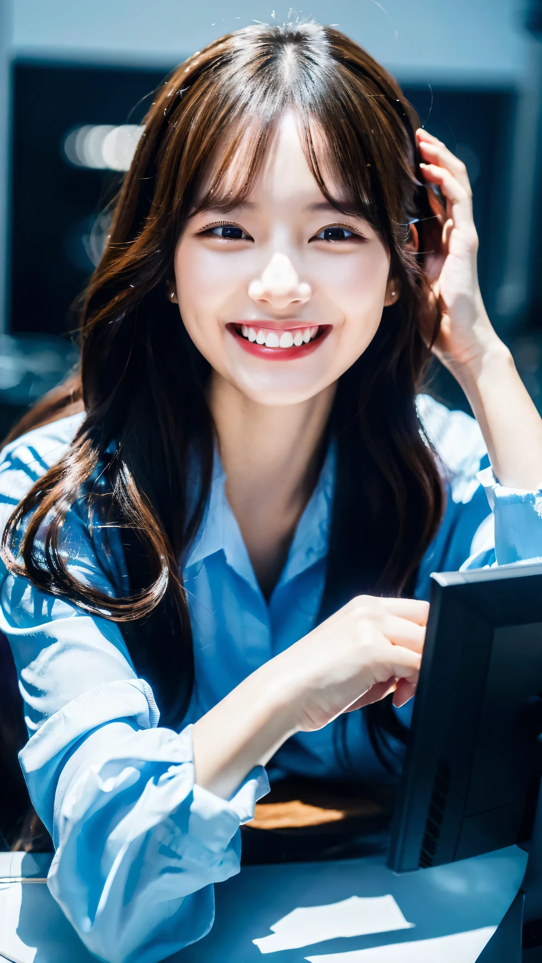 (8K, highest quality, masterpiece: 1.2), Super detailed, super resolution, a beautiful girl, with computer (huge Laughing:1.1),