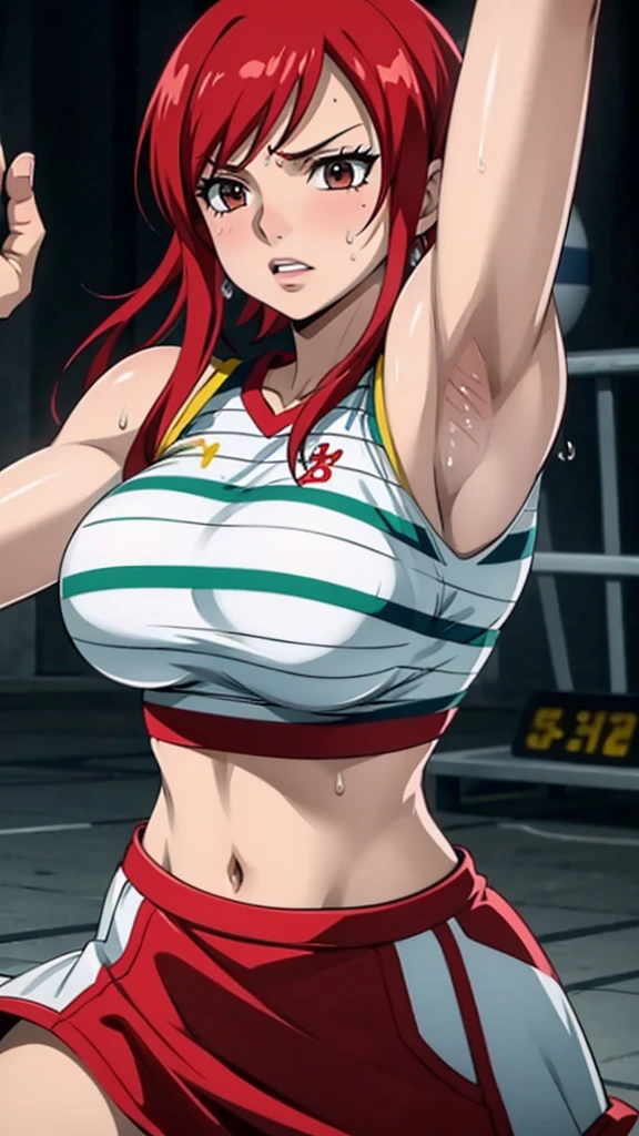 Erza Scarlet, Fairy Tail, a close up of a person wearing a basketball uniform, a picture, inspired by Kentaro Miura, trending on pixiv, wearing volleyball jersey, yellow croptop volleyball jersey, wearing a low cut croptop, wearing croptop, croptop, golden raito, (winking), shirobako, large, favorite scene, fine details. anime. skins, sweating, big breasts, both hands raised, armpits, armpits visible, dripping with sweat, more more sweat, sweaty armpits.