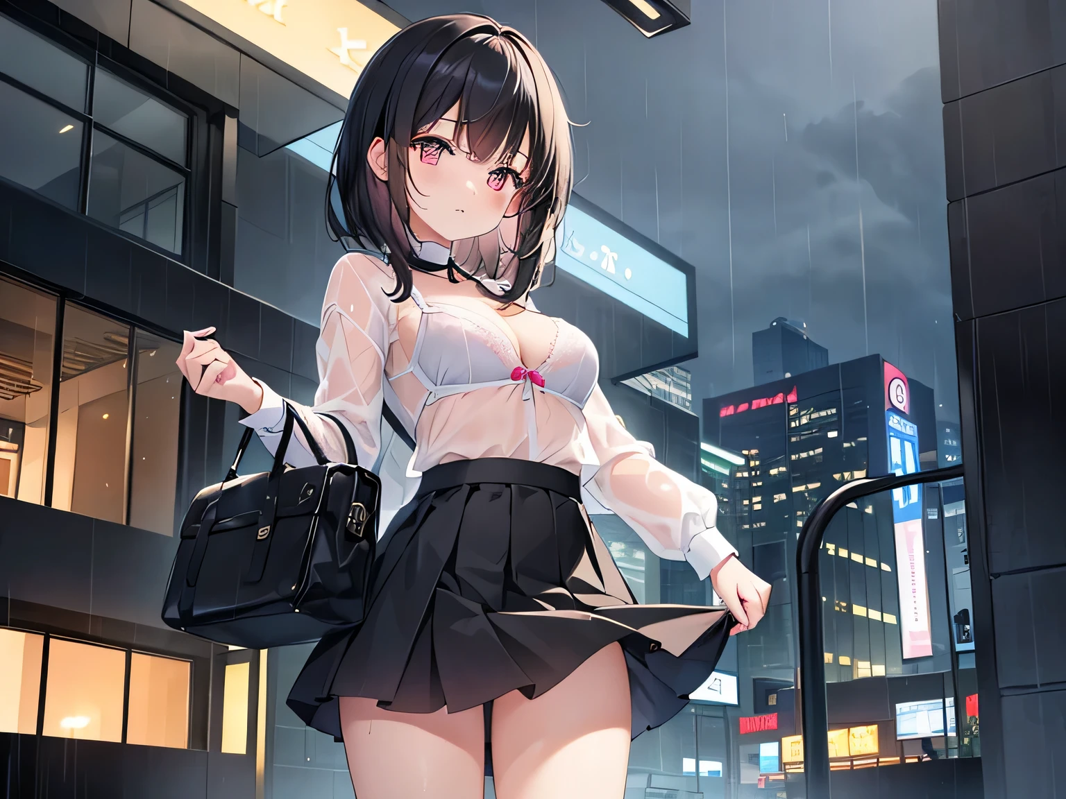 (Masterpiece, top quality, high resolution, realistic photo, realistic looking skin:1.1),
(Please give me an upper body close-up composition picture of her:1.8),
(She is standing under the roof of a building in the rain, sheltering from the rain:1.8),
(She has a troubled expression: 1.5),
(She is wearing a white cutter shirt and her pink bra is transparent because it is wet from the rain: 1.8),
(She is wearing a tight black skirt: 1.8),
(She is wearing black pumps on her feet:1.5),
(She has medium black hair: 1.5),
(She has one travel bag: 1.5),
(Location is a business district on a rainy night:1.5),
1 Japanese girl, solo, full bodied esbian, beautiful eyes, glowing eyes, glowing thighs, NSFW