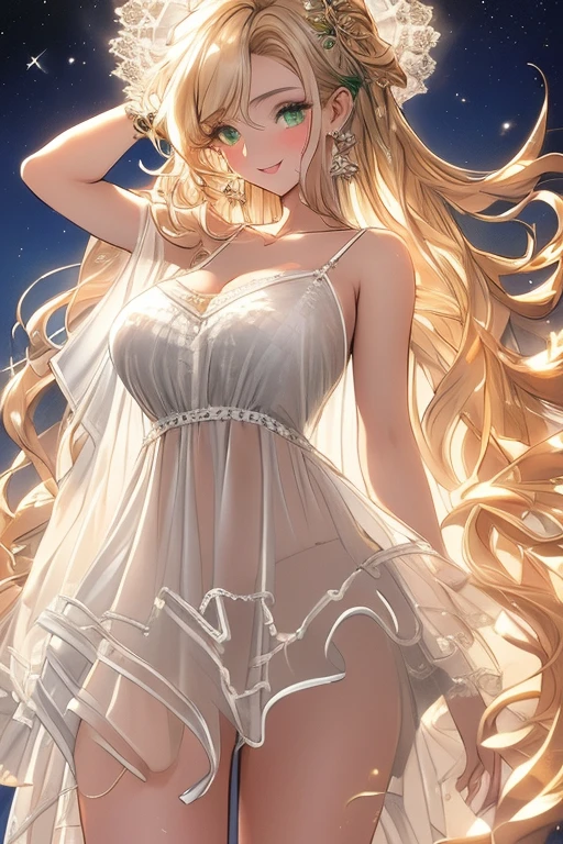 (masterpiece 1.8), ((ultra quality)), ((super fine illustration)), ((stunning cg)), 1girl, solo, ((super beautiful and volutuous girl)), cowboy shot, looking at viewer, blush, smile, ((a seductive look)), green eyes, blonde hair, wavy hair, large and beautiful bast, blonde hair, super long hair, parted lips, standing, cowboy shot, collarbone, creavege, ((greek mythology dress)), (white dress), ((layered lace clothes)), ((no lingerie)), ((see-through)), hand up, earrings, 