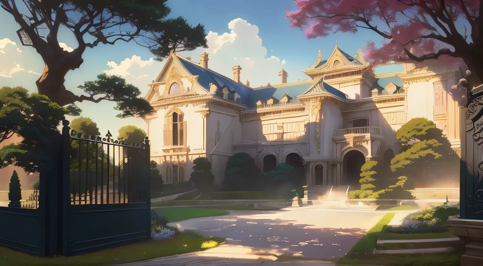 anime scene of a big mansion with gate and fountain, ross tran. scenic background, anime arte de fundo, anime scenery concept art, high school background, arte de fundo, palace background, trends on artstation pixiv, loish e wlop, headquarters of the art station”, Makoto Shinkai e Tom Bagshaw, estilo rob rey e kentaro miura, arte de fundowork