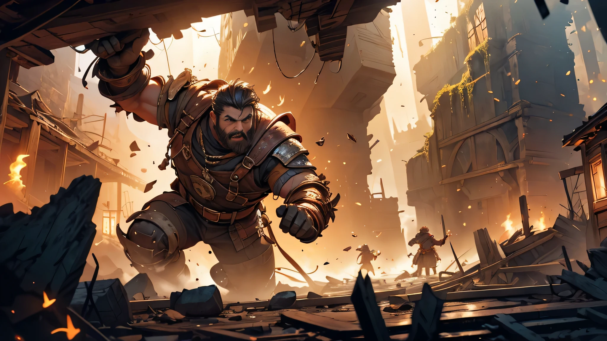 A group of Dwarves panicking, detailed depiction of their fear and panic, trembling bodies, wide-eyed expressions, sweat on their foreheads, terrified faces, rushing movements, shouting and pointing fingers, scrambling to escape from the collapsing mine, debris falling from the ceiling, trembling ground and crumbling walls, rocks and stones rolling down, dust and smoke filling the air, beams and support structures being shaken, the mine entrance on the verge of collapse, dust clouds rising in the chaos, fantasy illustrations, rich colors and vibrant details, high-resolution artwork (4k, ultra-detailed), realistic rendering, dynamic lighting with dramatic shadows and highlights, intense color palette (dark and warm tones), glimpses of sunlight breaking through the cracks, flickering torches illuminating the scene, sound and vibrations engulfing the mine.