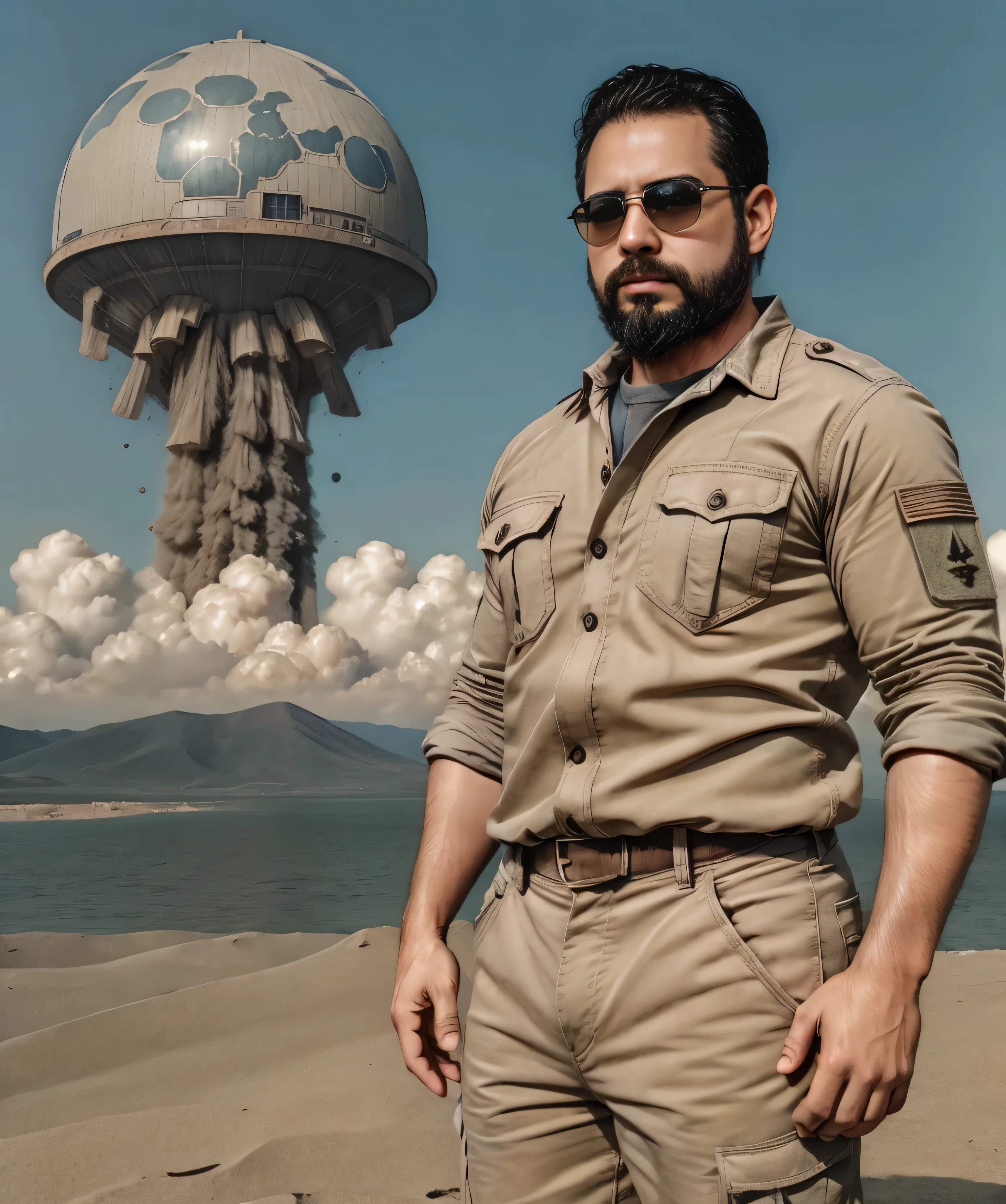 Obra maestra, desenfoque de campo, Parte superior del cuerpo, Hands in pants pockets, 38 year old chubby man with beard and square sunglasses.. Man in a military shirt in a space movie with a nuclear explosion in the background.