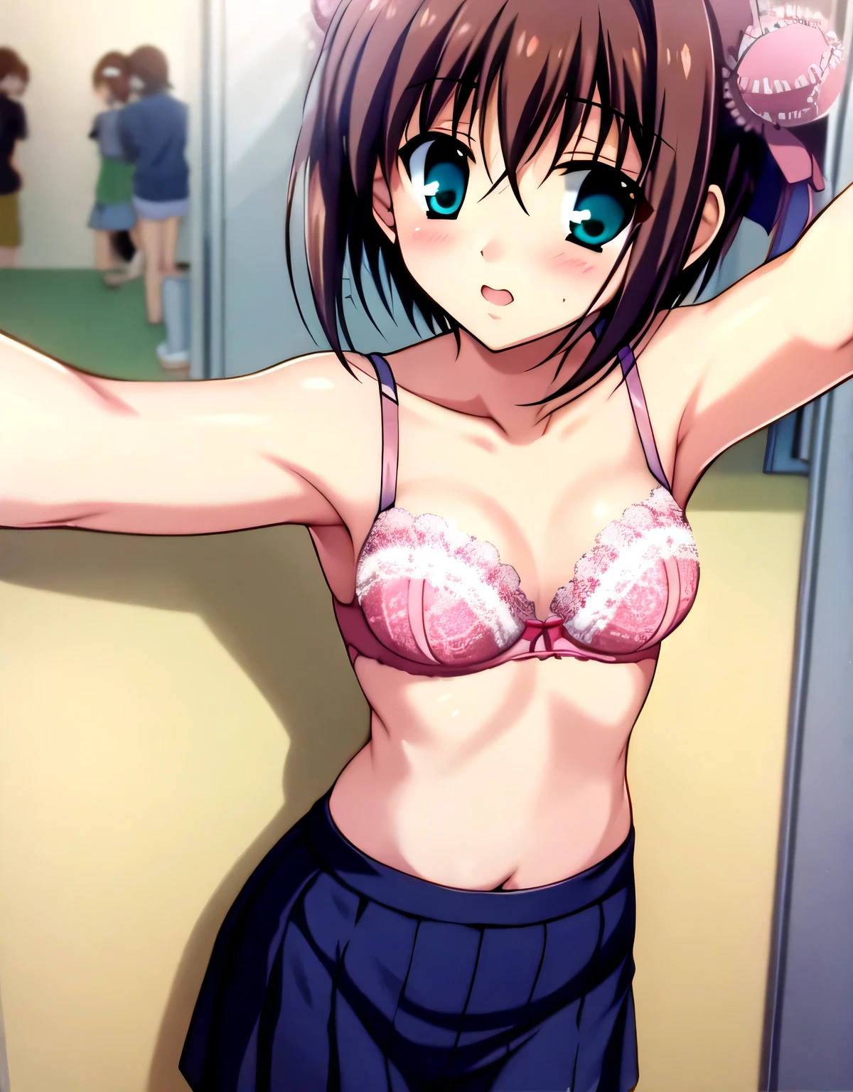 asakura_yume,１People Women,Brown Hair,Medium Chest,Aqua Eye,White skin,Lace Underwear,pink lace bra,Are standing,Take a selfie,locker room,