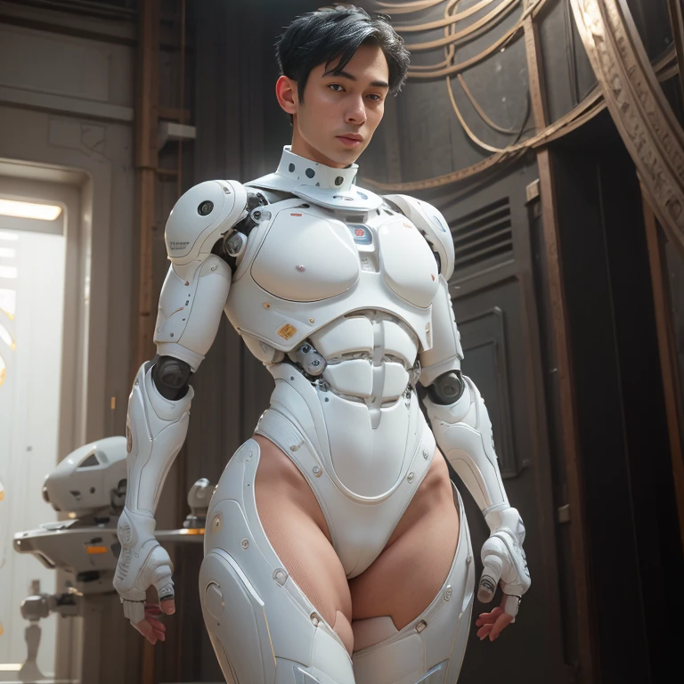 (masutepiece,High resolution,ultra - detailed:1.0),1(Boy,Robot Boy),Perfect male body,Look at the camera,Delicate eyes and delicate face,extremely details CG,Unity 8k wallpaper,intricate-detail,solo person,Detailed face, (Futuristic skin-perfect white bodysuit), Best Quality, hands visible, (White Gloves), Beautiful and delicate blue short hair:1.5 , full length shot(fls) , big thighs , big hips , insane details, hyper details , photorealistic , only male , handsome boy , fat buttock , puffy nipples , 16k resolution , ultra-high clarity , hyperrealism, uhd,. K-pop idol , whore , slutty whore , swollen nipples , defeat , grins ,thick thighs, thick booty. Fat buttocks , male , wide hips , wide pelvis