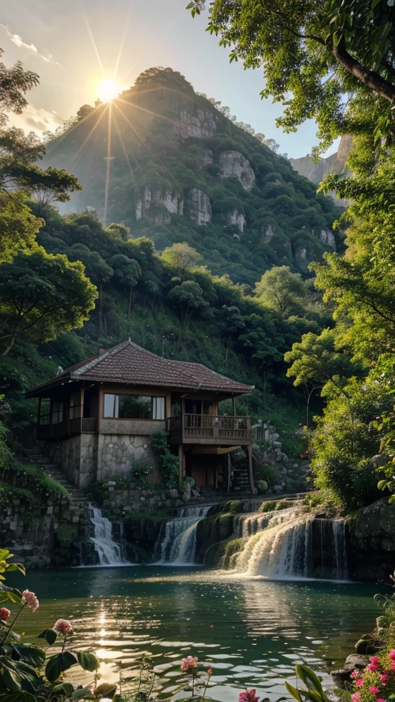 House in the jungle in front of the lake and waterfall nearby mountain with sun set and flowers