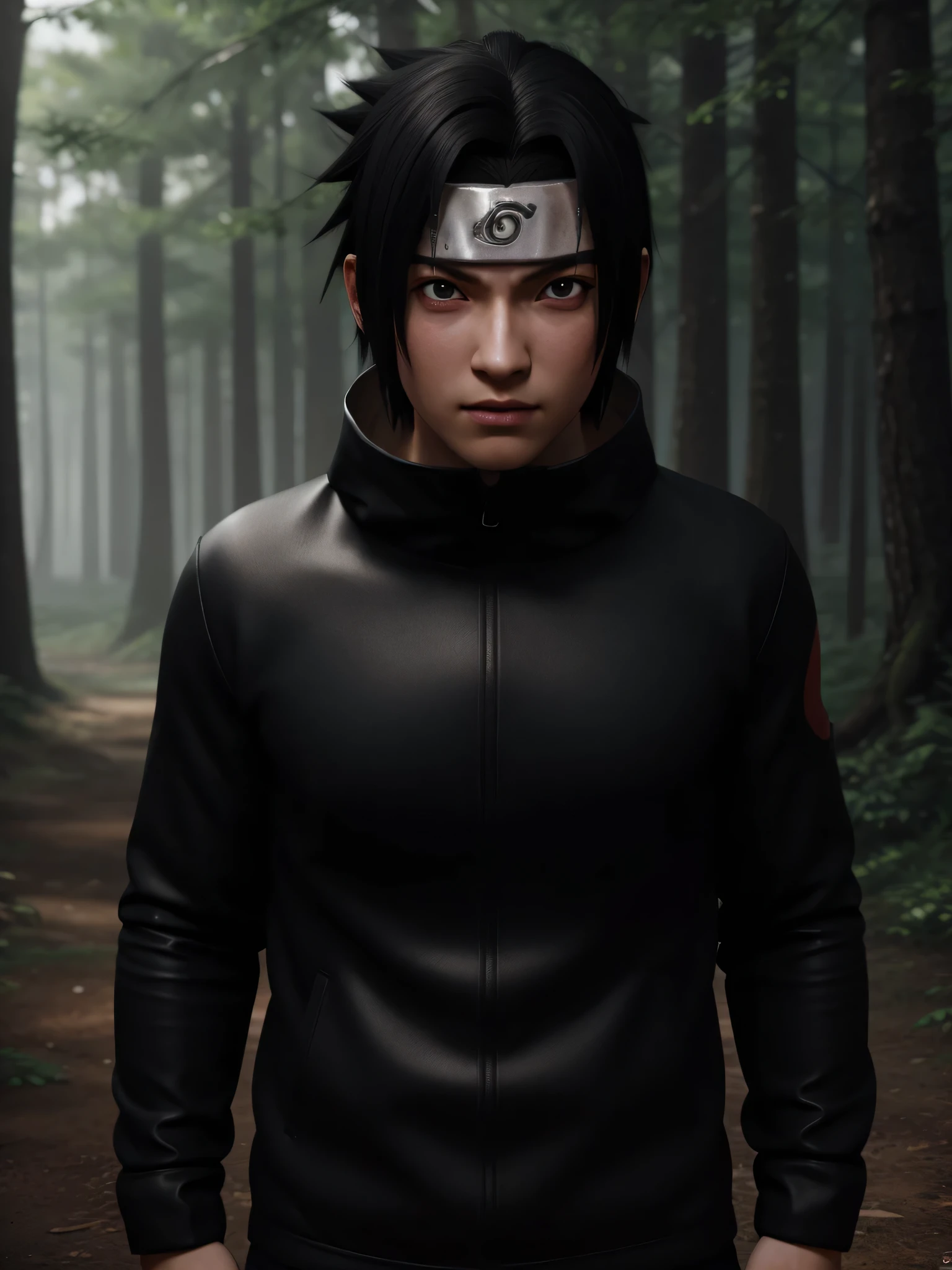 (best quality), high quality, very high resolution, (ultra detailed), 8k, (hyper realistic),Ray Tracing, 1 male, sasuke uchiha, uchiha sasuke, Glowing red detailed eyes, Upper Body, forest, highest quality, 3D Figures, Octane Rendering, 24K resolution, Very detailed