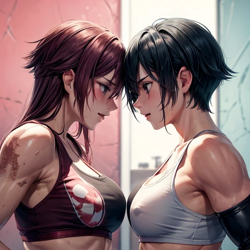 whole body picture. two female fighters are face to face. They are banging their punches against their opponents. They trade dynamic punches with each other. a bloody beautiful Japanese female fighters are fighting survival in the octagon ring. Blood is dripping from her nose. She is covered in scars and bruises. she is damaged terribry. Short-cut black hair, out of breath, drooling from mouth, one eye closd, exhausted, drenched in sweat. Erect nipples. open finger glove. bikini panties. naked