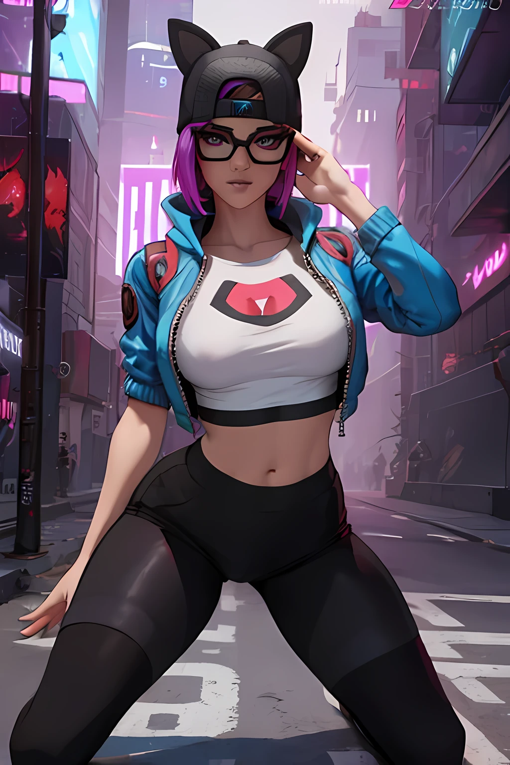 cyberpunk line , gorra , shorts negro con leggins Azul Marino, chaqueta Negra ,Extremadamente detallado, rostro detallado, gafas ,hermoso rostro, ojos finos, mirando al espectador, pose femenino, Noche