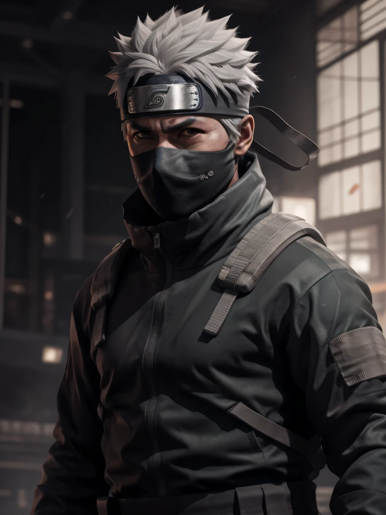 (best quality), high quality, very high resolution, (ultra detailed), 8k, (hyper realistic),Ray Tracing, 1 male, hatake kakashi in anime naruto, short hair , Gray Hair, Red eyes, good looking, Grey clothes, Realistic clothes, Clothing Details, Super detailed, Realistic, 3D Figures, Octane Rendering, 24K resolution, Very detailed