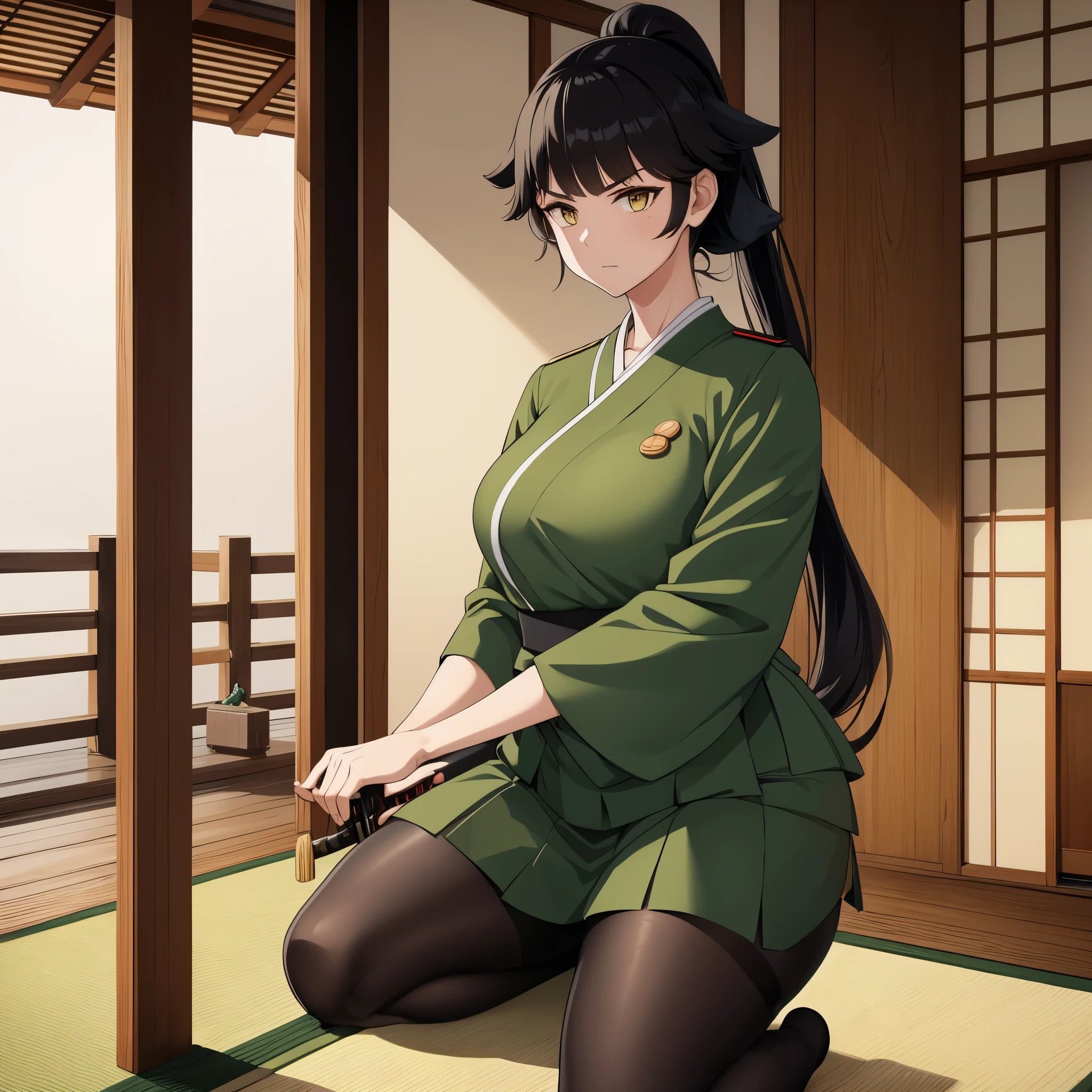 a woman wearing a Japanese military uniform from the Second World War, a moss green t-shirt with medals, a moss green skirt, black tights, a moss green Japanese military hat, holding a katana without a sheath, long black hair, ponytail hair, yellow eyes, in a Japanese penthouse overlooking a Japanese garden, serious face, full body,,HDR, ultra resolution, well defined, masterpiece, 8K HD. (only one woman)
