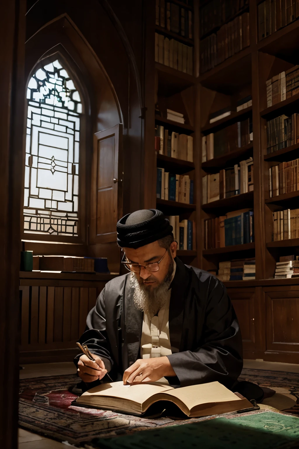 "Craft a scene depicting an Islamic scholar deep in study within the tranquil setting of a mosque, surrounded by shelves of ancient texts and the faint aroma of incense lingering in the air."