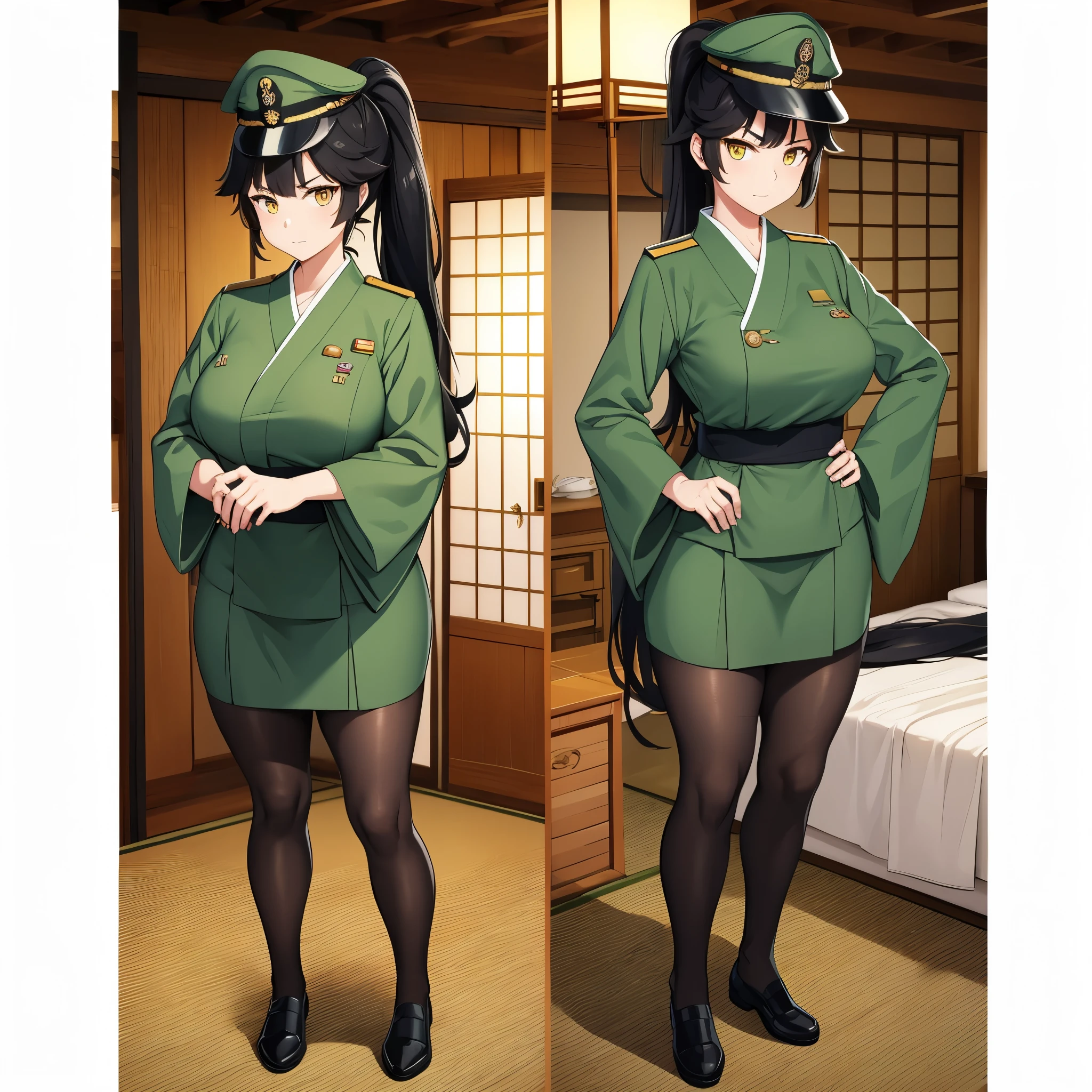 a woman wearing a Japanese military uniform from the Second World War, a moss green t-shirt with medals, a moss green skirt, black tights, a moss green Japanese military hat, holding a katana without a sheath, long black hair, ponytail hair, yellow eyes, in a Japanese penthouse overlooking a Japanese garden, serious face, full body,,HDR, ultra resolution, well defined, masterpiece, 8K HD. (only one woman)
