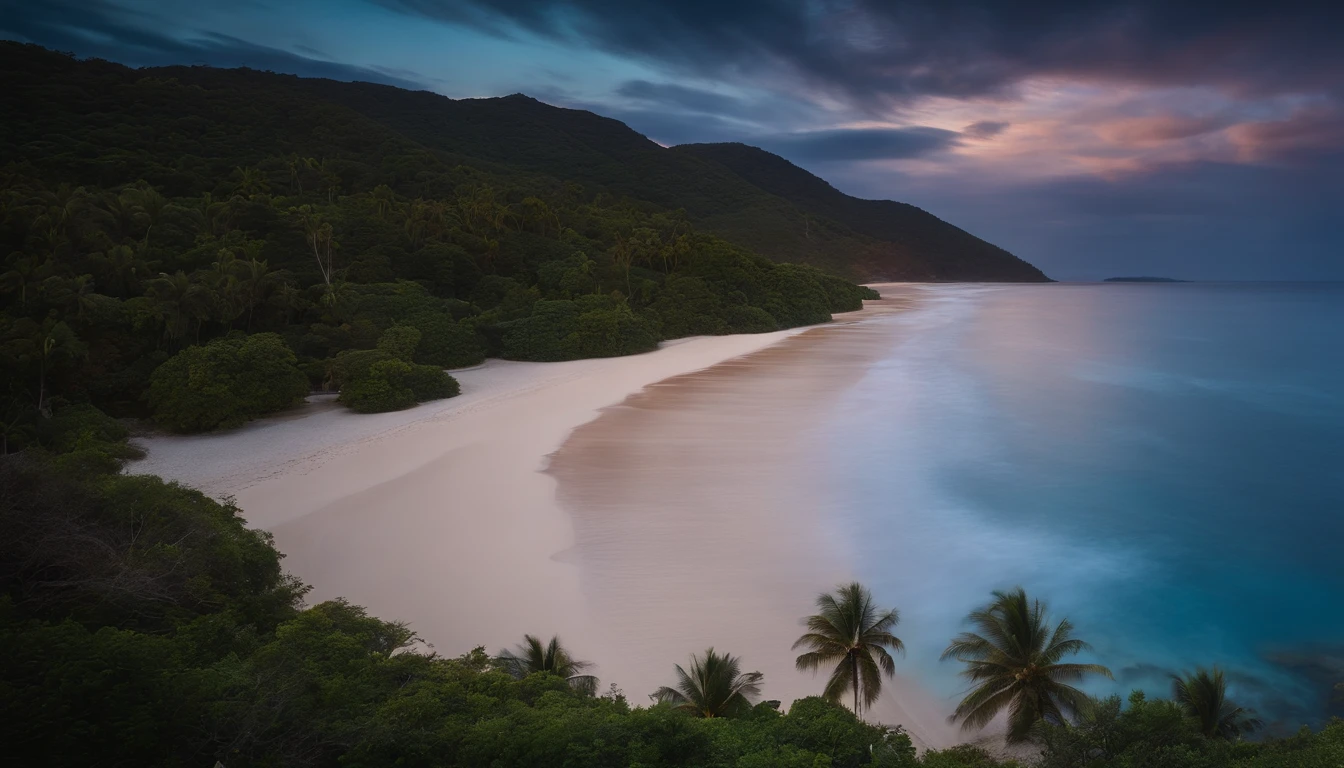 aerial view of a blue coastal line of a tropical beach of a magical country, vibrant, mystical, starry night, moonlight, hyperrealistic painting
