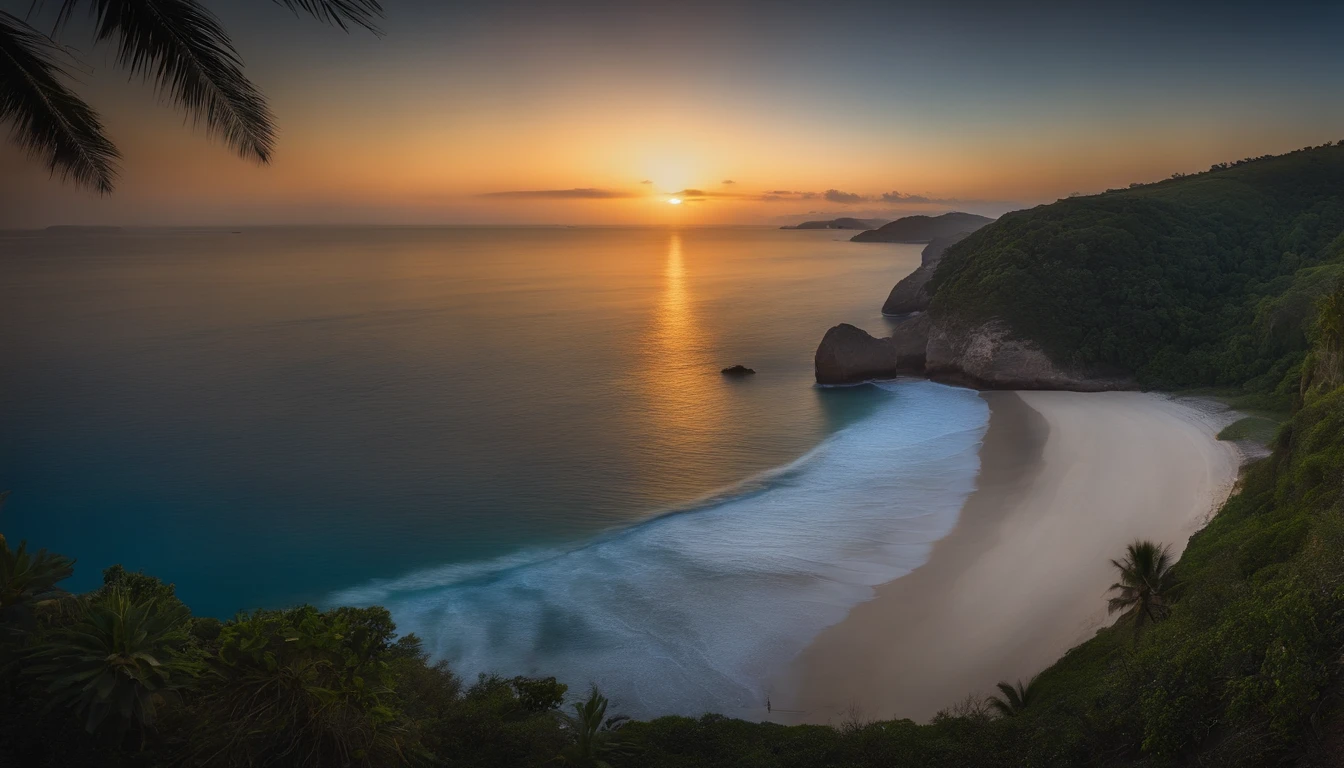 aerial view of a blue coastal line of a tropical beach of a magical country, vibrant, mystical, starry night, moonlight, hyperrealistic painting