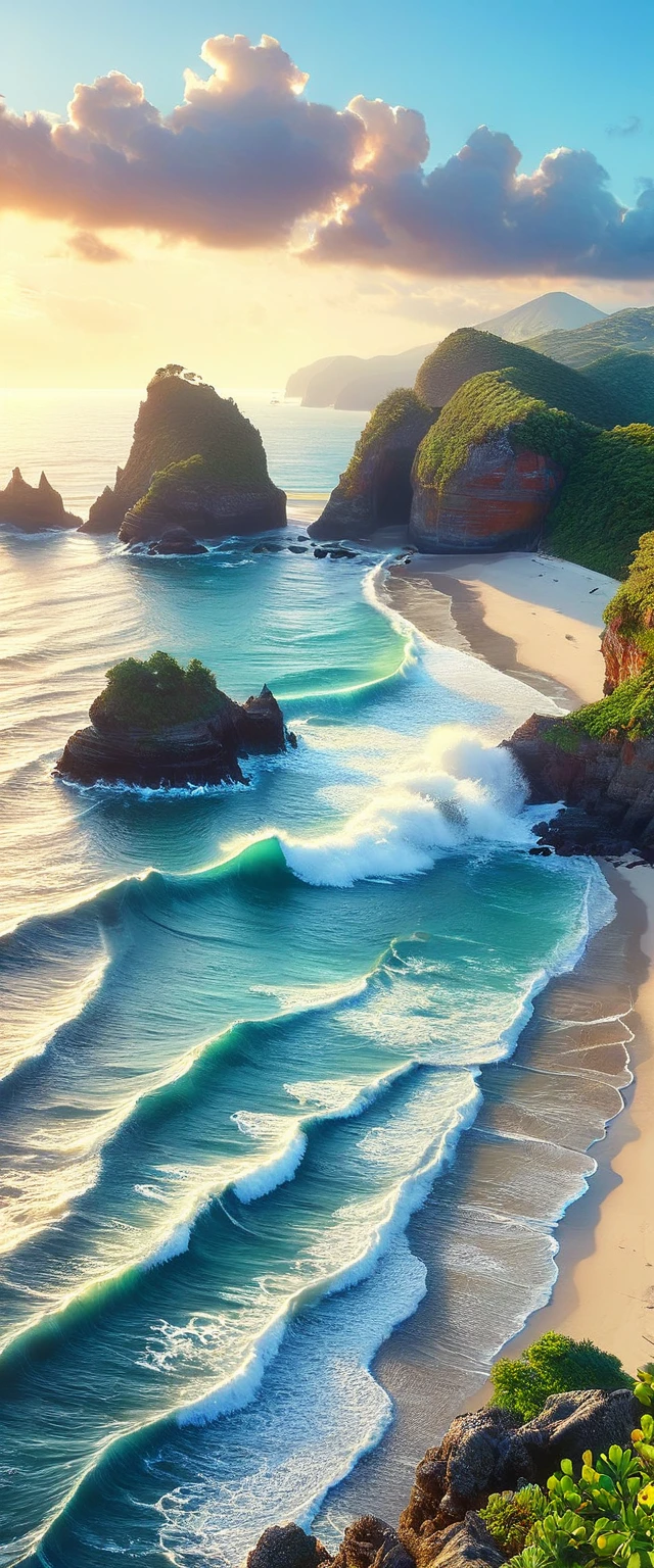 costa azul, hermosa playa paradisiaca, acantilados ,majestuosos, rocas ,olas rompiendo en la costa, cangrejos, tortugas, gaviotas, movie dawn, altamente detallado, hiper realista, perfecto, obra maestra, 8k, best photography, premiada, the highest quality in photographs