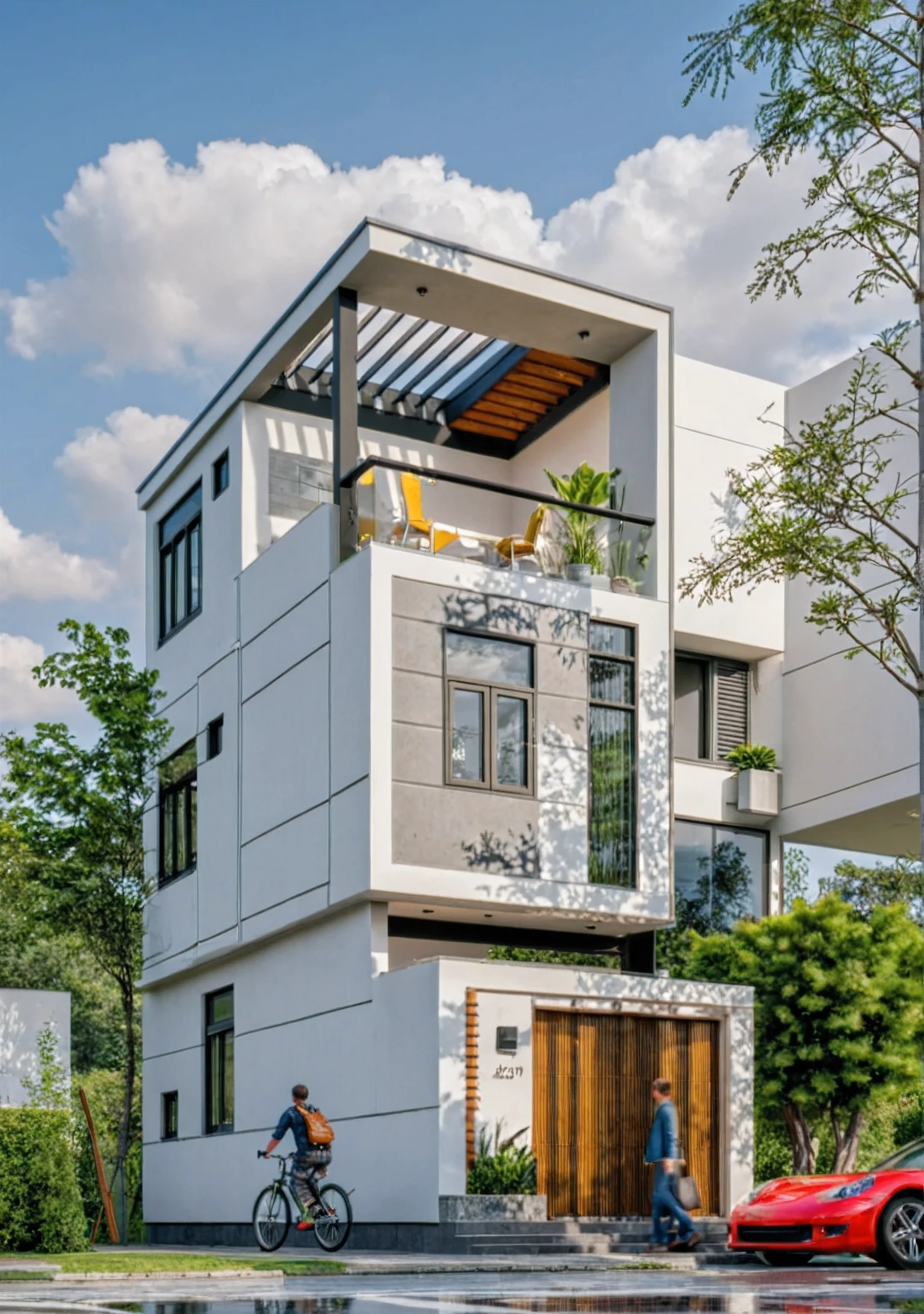 Masterpiece, high quality, best quality, authentic, super detail, outdoors, onestoreyvillaXL, aiaigroup, house style modern on the street ,stairs, white wall ,road,pavement, grass, trees, sky, cloud, (daylight:1.1)
