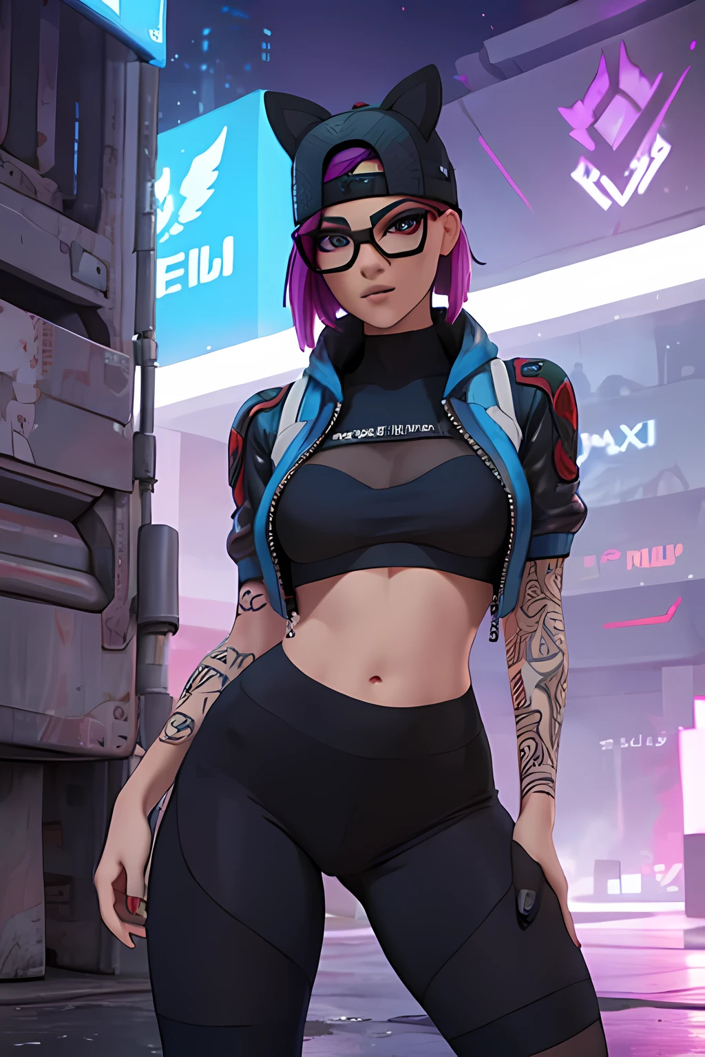 cyberpunk line , gorra , shorts negro con leggins Azul Marino, chaqueta azul marino ,Extremadamente detallado, rostro detallado, gafas ,hermoso rostro, ojos finos, mirando al espectador, pose femenino, Noche