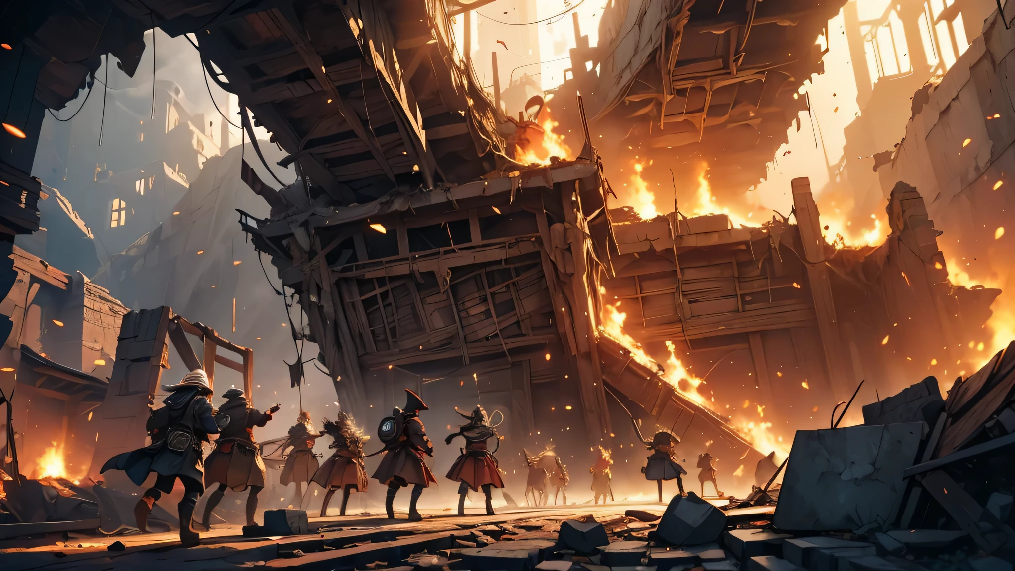 A group of Dwarves panicking, detailed depiction of their fear and panic, trembling bodies, wide-eyed expressions, sweat on their foreheads, terrified faces, rushing movements, shouting and pointing fingers, scrambling to escape from the collapsing mine, debris falling from the ceiling, trembling ground and crumbling walls, rocks and stones rolling down, dust and smoke filling the air, beams and support structures being shaken, the mine entrance on the verge of collapse, dust clouds rising in the chaos, fantasy illustrations, rich colors and vibrant details, high-resolution artwork (4k, ultra-detailed), realistic rendering, dynamic lighting with dramatic shadows and highlights, intense color palette (dark and warm tones), glimpses of sunlight breaking through the cracks, flickering torches illuminating the scene, sound and vibrations engulfing the mine.