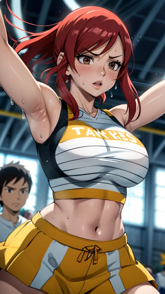Erza Scarlet, Fairy Tail, a close up of a person wearing a basketball uniform, a picture, inspired by Kentaro Miura, trending on pixiv, wearing yellow nba jersey, yellow croptop nba jersey, wearing a low cut croptop, wearing croptop, croptop, golden raito, (winking), shirobako, large, favorite scene, fine details. anime. skins, sweating, big breasts, both hands raised, armpits, armpits visible, dripping with sweat, more more sweat, sweaty armpits.