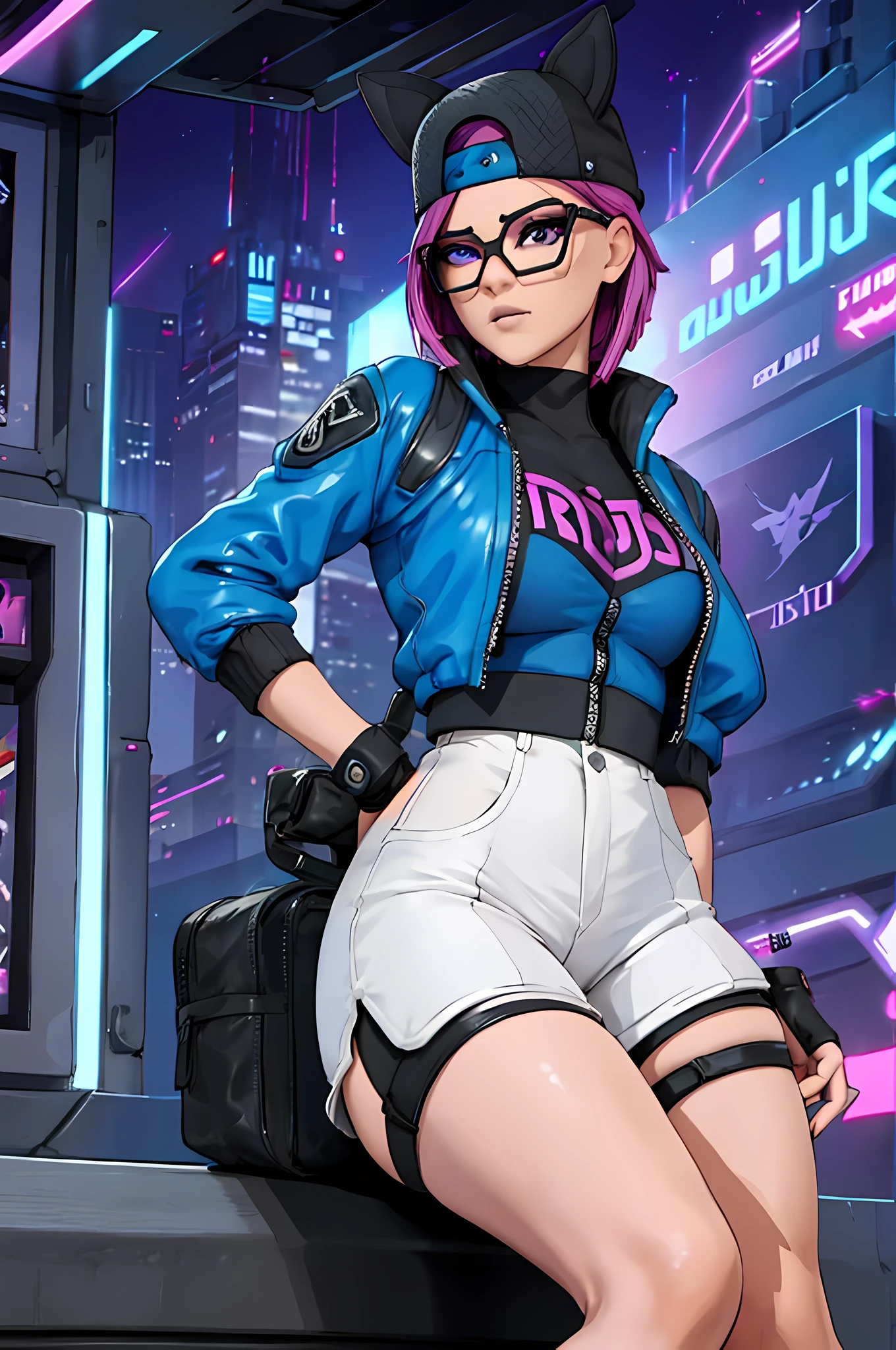 cyberpunk line, cabello corto rosa , gorra , shorts negro con leggins Azul Marino, chaqueta azul marino ,Extremadamente detallado, rostro detallado, gafas ,hermoso rostro, ojos finos, mirando al espectador, dynamic pose , Noche 