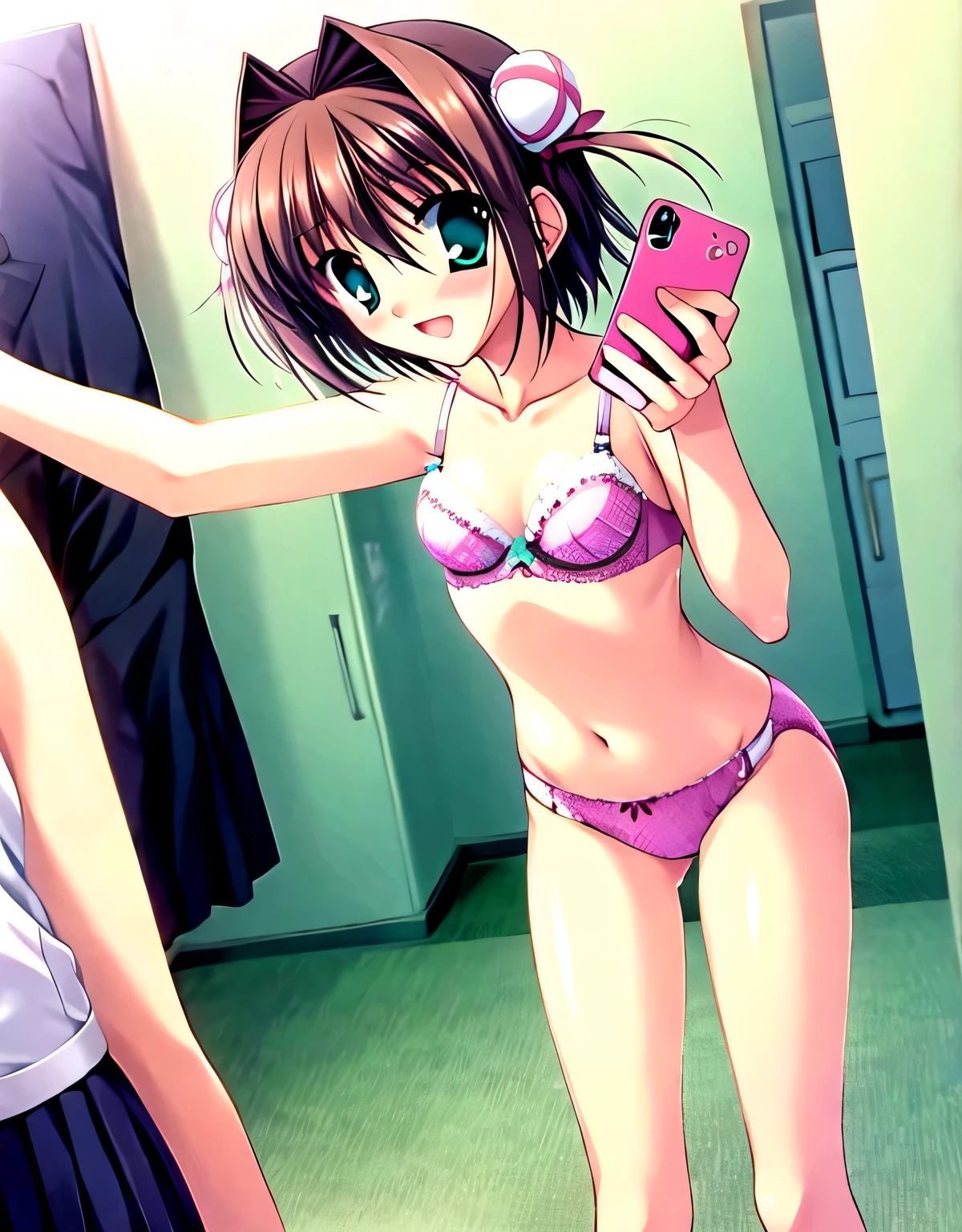 asakura_yume,1People Women,Brown Hair,Medium Chest,Aqua Eye,White skin,blush,Shyly,Lace Underwear,pink lace bra,Are standing,Take a selfie,locker room,