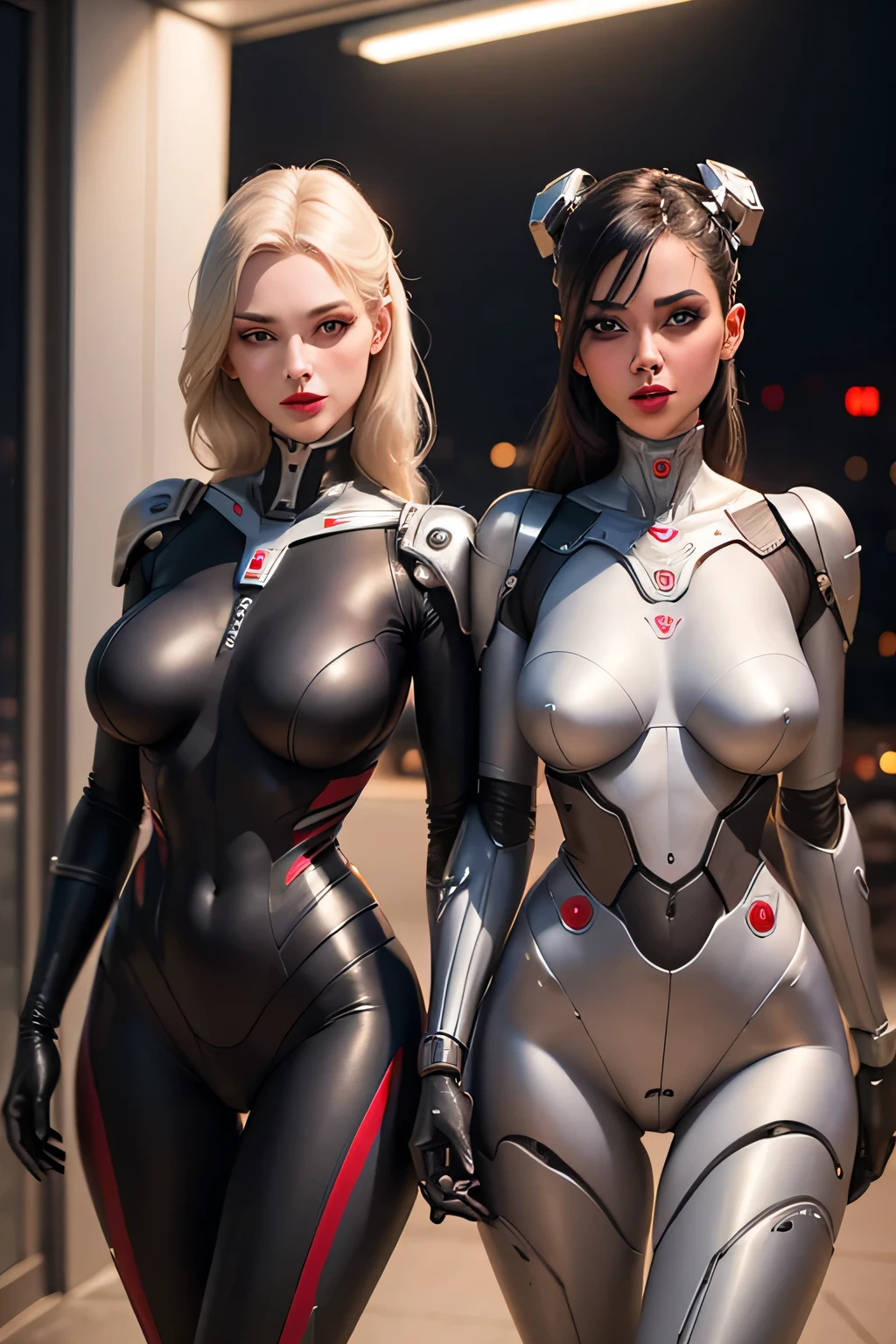 Two female teachers who were transformed into robots　Almost identical mechanical body　Mechanical limbs　The background is a classroom at night, makeup, red lips, UHD, retina, masterpiece, ccurate, anatomically correct, textured skin, super detail, high details, high quality, award winning, best quality, highres