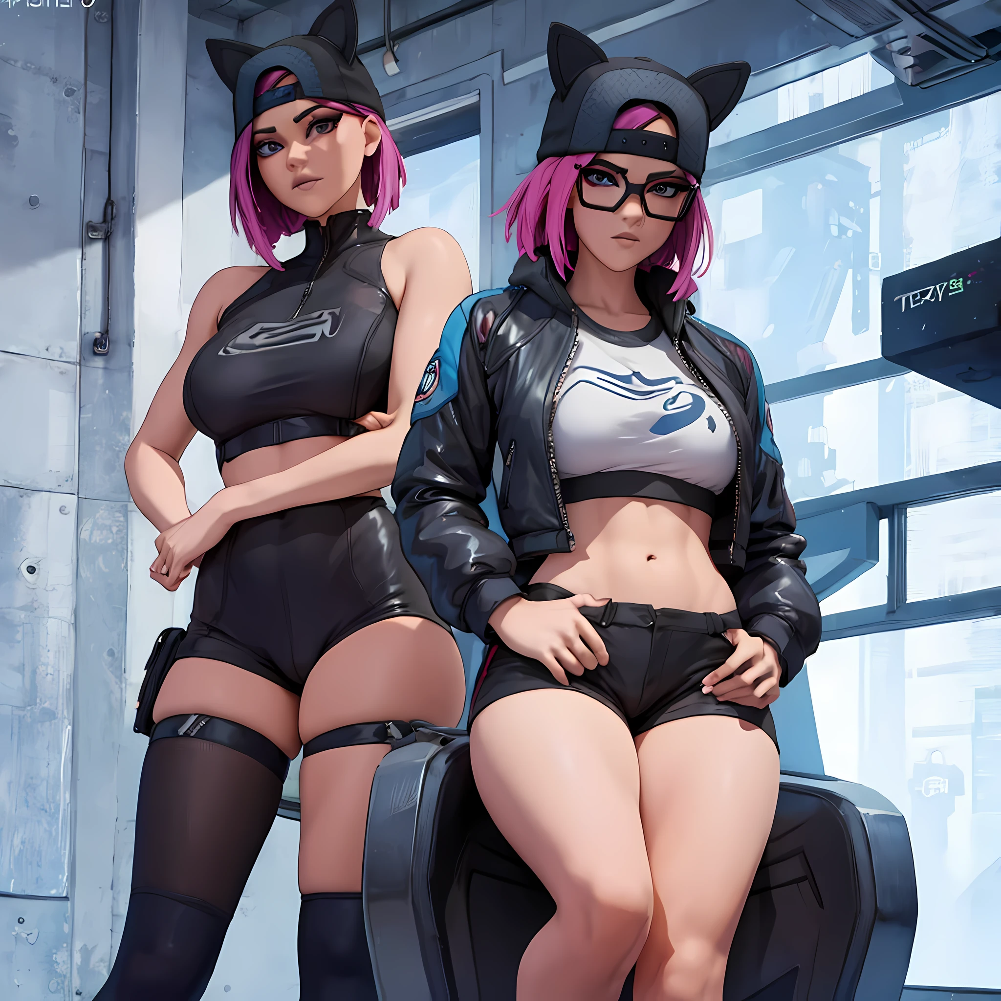 cyberpunk line, cabello corto rosa , gorra , shorts negro con leggins Azul Marino, chaqueta azul marino ,Extremadamente detallado, rostro detallado, gafas ,hermoso rostro, ojos finos, mirando al espectador, dynamic pose , Noche
