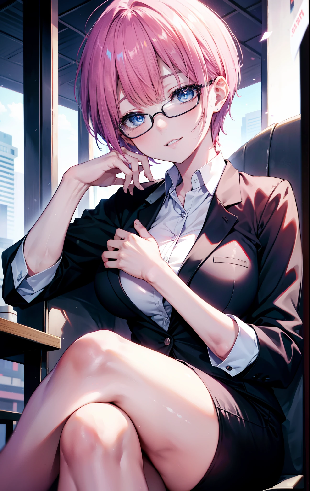 ichikanakano, ichika nakano, short hair, bangs, blue eyes, Hair between the eyes, smile,Pink Hair, Big Breasts , OL, happy smile, smile, Open your mouth,Akagi glasses, end, open front black suit jacket, White dress shirt, Collared shirt, Neckline, button,Black pencil skirt, Black Pantyhose, Stiletto heels,Daytime,Clear skies,sitting cross-legged on a chair,There is a computer on the table,
壊す looking at viewer, whole body, (Cowboy Shot:1. 5)
Destroy outdoors,Destroy the office (masterpiece:1.2), highest quality, High resolution, unity 8k wallpaper, (shape:0.8), (Beautiful and beautiful eyes:1.6), Highly detailed face, Perfect lighting, Highly detailed CG, (Perfect hands, Perfect Anatomy),
