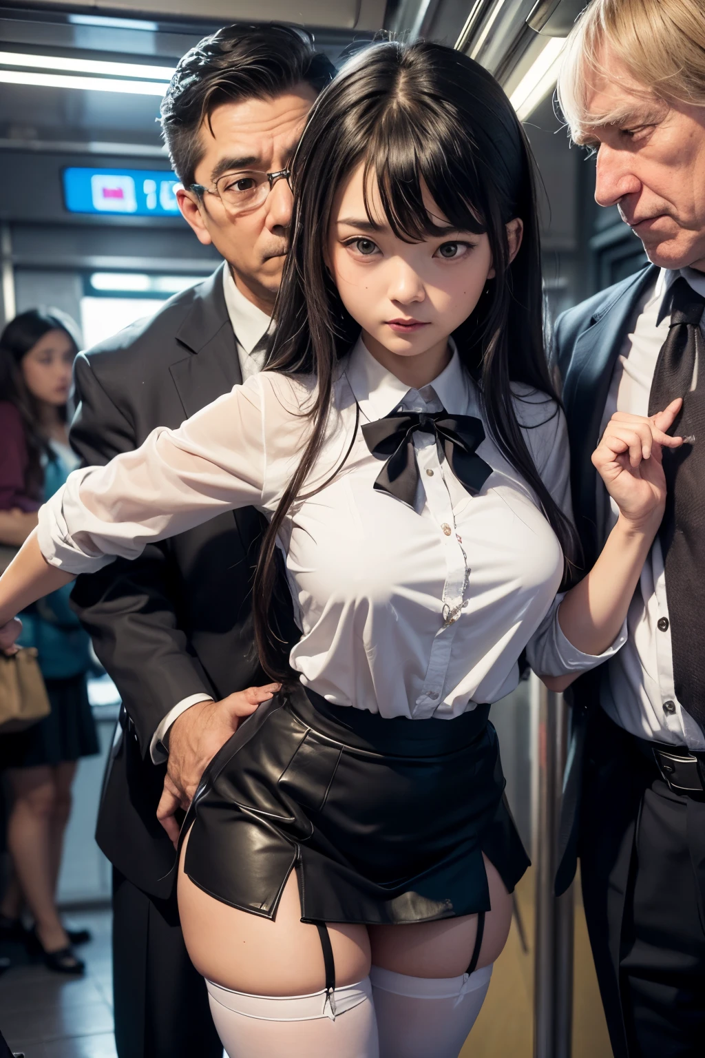 (SFW), ((photorealistic)), (masterpiece), (best quality:1.3), absurdness, [:intricate details1.3], SFW, realistic, masterpiece, (VERY crowded subway train interior detailed scenario, VERY crowded subway train interior detailed background), standing insanely hot (young  girl1) using sexy ((skirt)), ((behind skirt lifted)), ((3/4 white stockings, big ass)), ((thick thighs)), (fear expression), (blushed face), (perfect body proportions)), old small man ass groping young small 1 from behind, (((old small man pressing his chest on young woman 1 back))) and (((holding her waist behind her)))