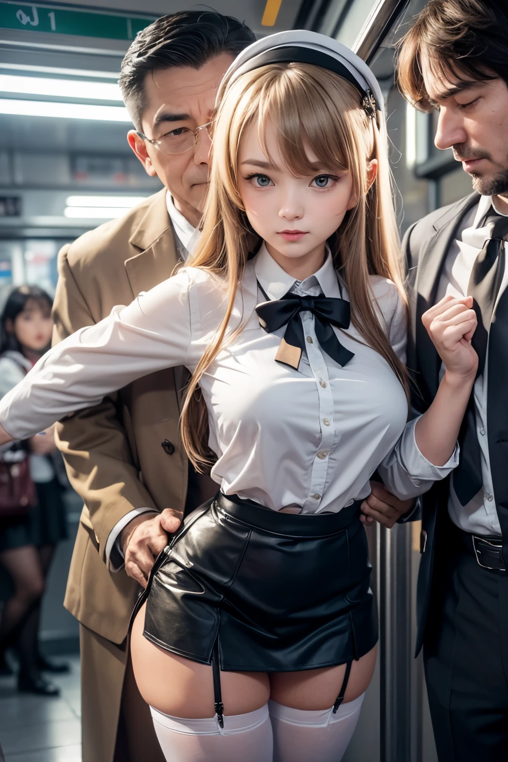 (SFW), ((photorealistic)), (masterpiece), (best quality:1.3), absurdness, [:intricate details1.3], SFW, realistic, masterpiece, (VERY crowded subway train interior detailed scenario, VERY crowded subway train interior detailed background), standing insanely hot (young small girl1) using sexy ((skirt)), ((behind skirt lifted)), ((3/4 white stockings, big ass)), ((thick thighs)), (fear expression), (blushed face), (perfect body proportions)), old small man ass groping young small girl 1 from behind, (((old small man pressing his chest on young woman 1 back))) and (((holding her waist behind her)))