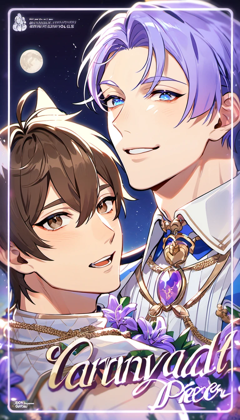 absurdres, highres, ultra detailed, HDR, master piece, best quality, perfect face, beautiful eyes, delicate features, Eiden, brown hair, expressive brown eyes, Nu Carnival, Kuya, light-purple hair, expressive blue eyes, fox ears, two men together, gay couple, handsome, fantasy clothes, moon, purple lilies, purple butterflies, purple flames, sky