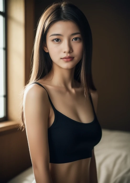 Beautiful  Japanese woman。 she is wearing a black sleeveless blouse. She looks ecstatic as if she had an orgasm during fuck on the bed。her dark brown hair. High resolution、masterpiece、highest quality、頭w:1.0、((Hasselblad Photos))、fine skin、(movie lighting)、clavicle . full body picture.