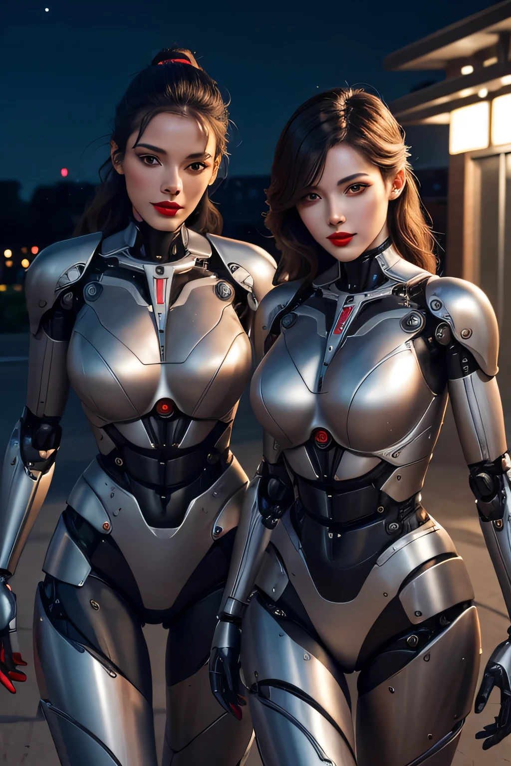 Two female teachers who were transformed into robots　Almost identical mechanical body　Mechanical limbs　The background is a classroom at night, makeup, red lips, UHD, retina, masterpiece, ccurate, anatomically correct, textured skin, super detail, high details, high quality, award winning, best quality, highres