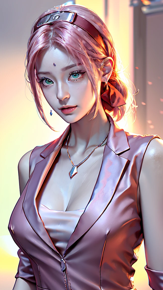 1 girl, 最high quality, masterpiece, High resolution, Pink short ponytail,Green Eyes、((Office casual suit))、(((whole body)))、Big Breasts、Cleavage, necklace(Naruto&#39;s forehead protector around his neck),hair band、 jewelry, Beautiful Face,、I&#39;looking forward to it, (((whole bodyビュー))), Realistic, Outdoor, modern square, Two-tone lighting, (Skin with attention to detail: 1.2), 8k Ultra HD, Digital SLR, Soft Light, high quality, Volumetric Light, Frank, photograph, High resolution, 4K, 8k, Background Blur