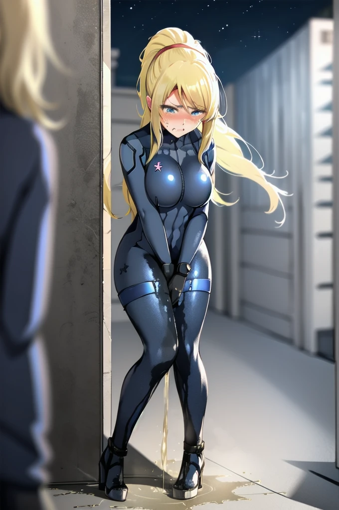 samus aran, (facing viewer:1.25), ponytail, large breasts, hair tie, blue gloves, blue bodysuit, (full bodysuit:1.5), high heels, (standing straight:2.0), peeing herself, (wetting herself:1.5), very large peeing stain, huge pee stain, best quality, ultra-detailed, HDR, studio lighting, professional, vivid colors, sharp focus, physiologically-based rendering, bokeh, landscape, blue color palette, soft lighting, dynamic shadows, (hands on thighs:1.5), embarrassed, humiliation, blushing, angry, tears, (facing viewer:1.5)